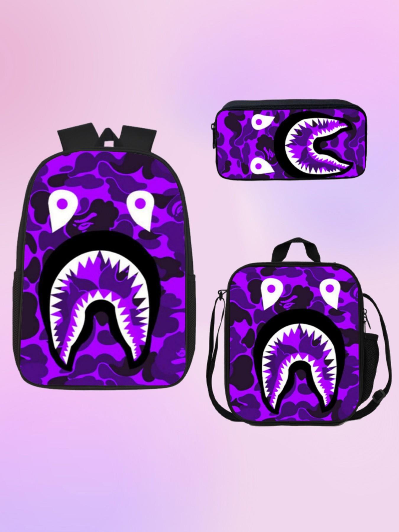 Trendy Camo Shark Print Backpack 3 Piece Set, Includes School Bag, Insulated Lunch Box, Pencil Pouch, Durable Travel Bag for Kids and Teens
