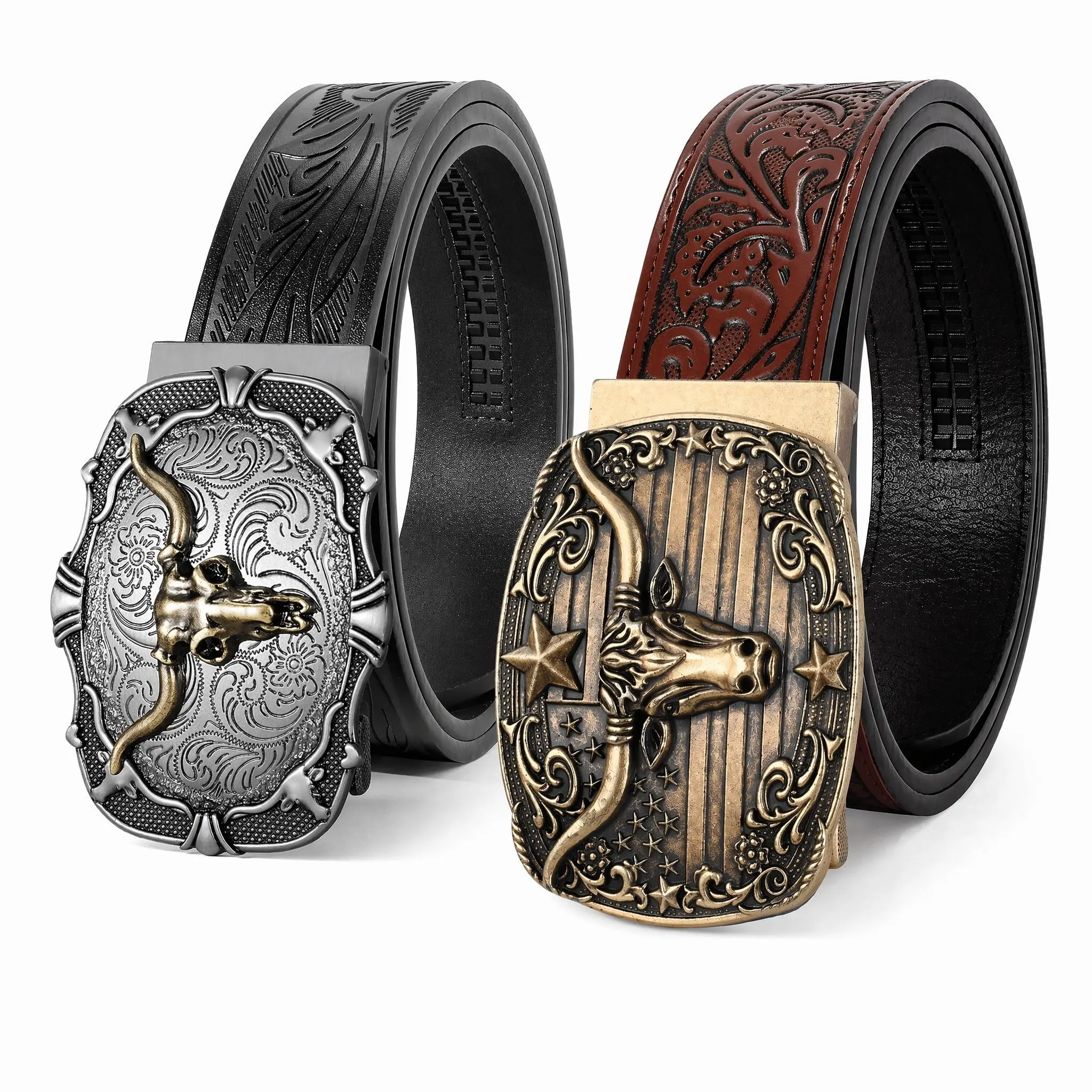 BELTROAD Men's 2-Pack Vintage Western Belts, Embossed Style with Automatic Cowboy Buckle and Ratchet Adjuster, Vintage Western Belt, Adjustable, Adjustable Belts, Automatic Buckle
