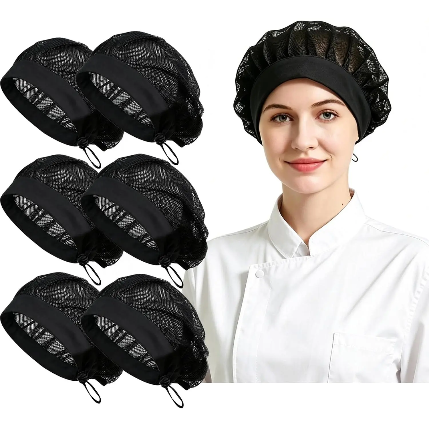 6 Pack Unisex Mesh Chef Hats, Adjustable Breathable Cotton Hairnet Caps for Men Women, Kitchen Cooking & Foodservice Use