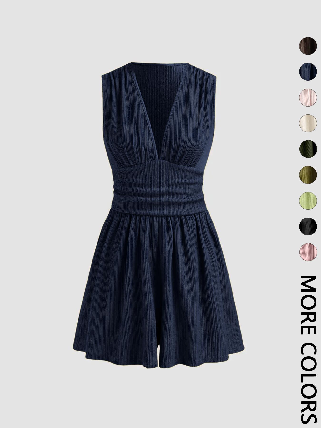 Women's Plain Ruched Deep V Neck Short Fitted Tank Romper, Elegant Sleeveless Romper For Summer, Fashion Casual Ladies Womenswear Clothes For Daily Wear