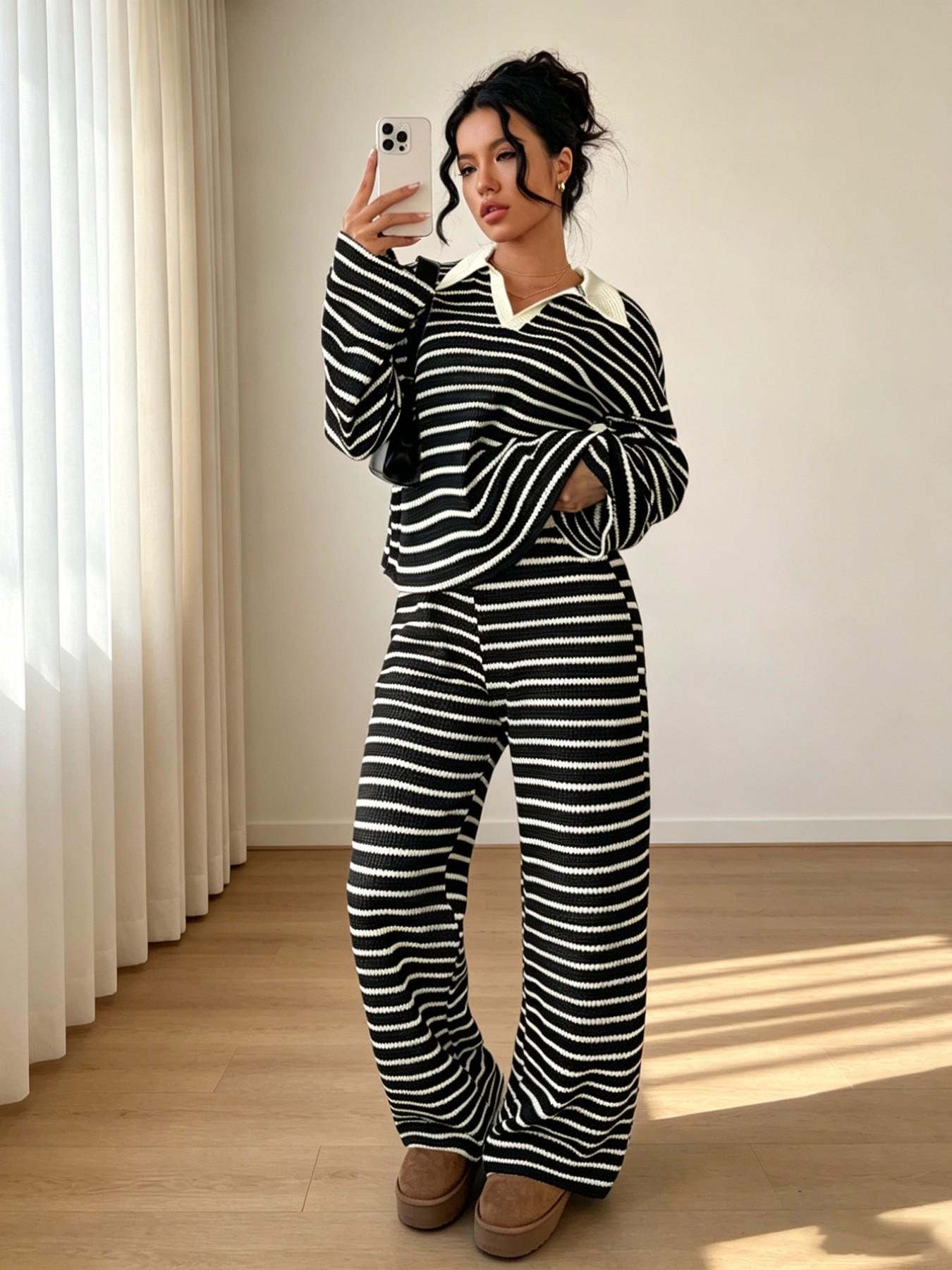 Korean Lazy Style Striped Two-Piece Set for Women, Turn-Down Collar V Neck Loose Bell Sleeve Top + High-Waisted Wide Leg Pants, Casual Home Wear Loungewear Set
