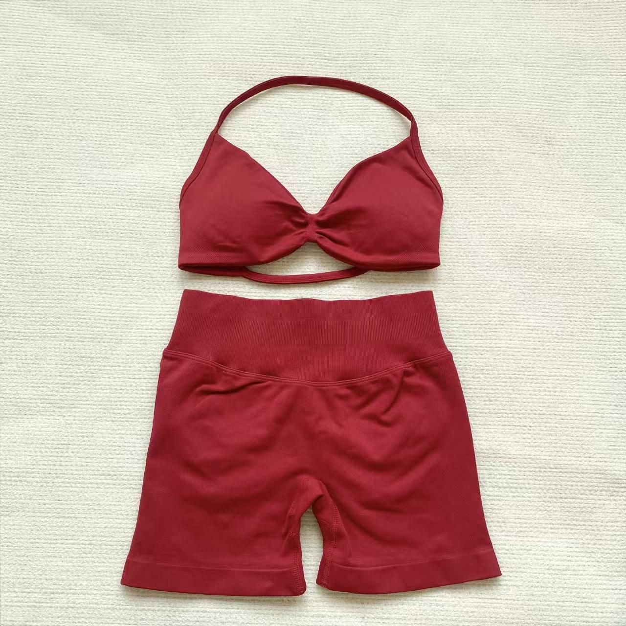DFYNE halter neck bra with backless design and hip-lifting shorts are highly elastic and won't dig into your skin. They're versatile enough for both workouts and everyday wear.