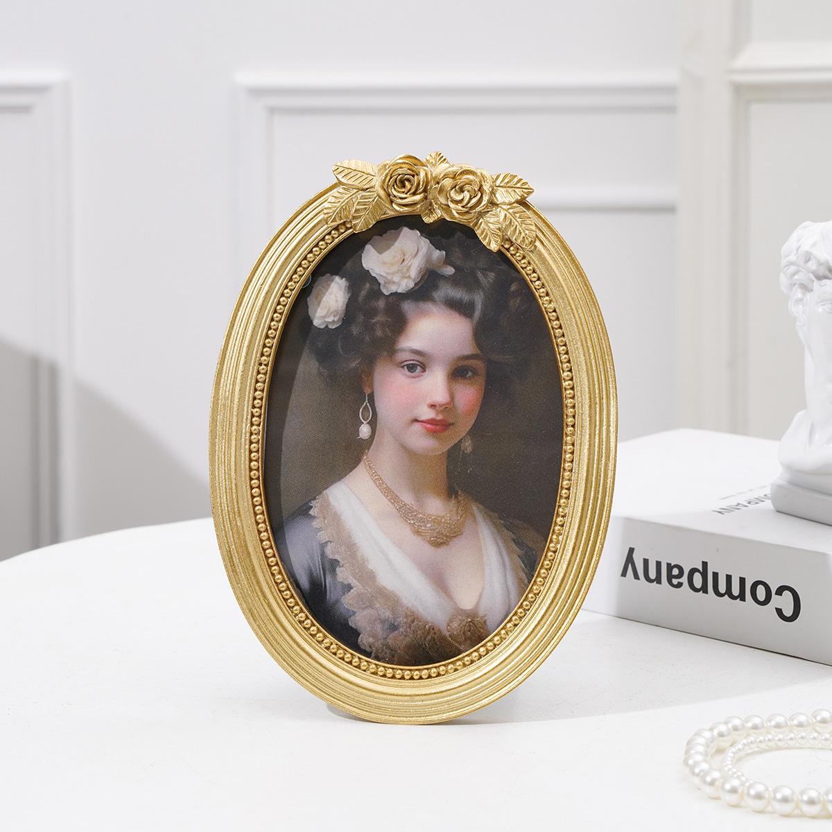 European Vintage Rose Carving Oval Photo Frame, Resin Material Hand-Painted, Home Decor for Bedroom, Living Room, Office