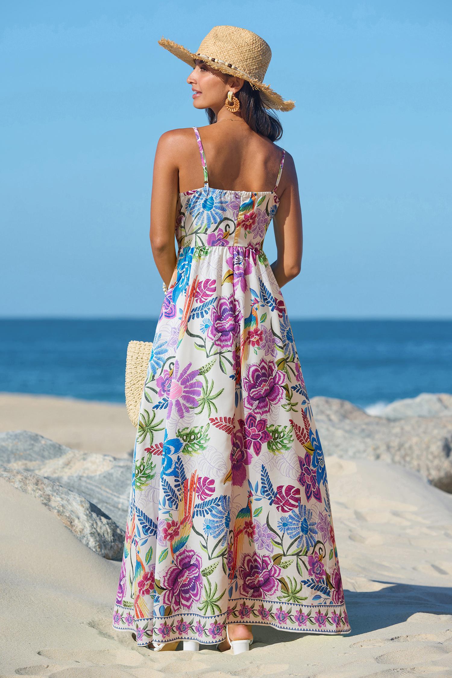 CUPSHE Vibrant Oasis Tropical Maxi Dress with Square Neckline Sleeveless Floral Print Back Zip Closure Boho Beach Bohemian Outfit for Women - Yellow birthday outfit SpringStatements