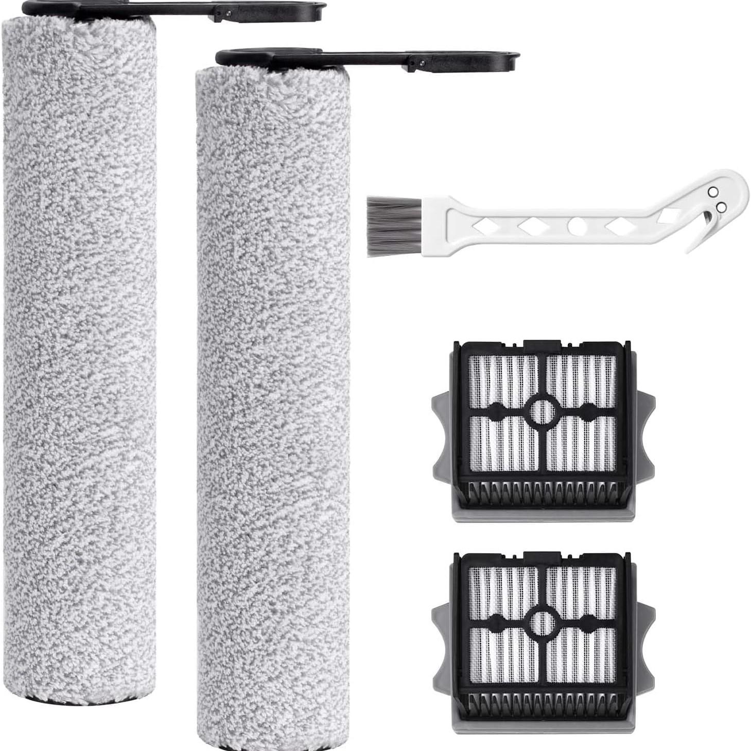 Replacement Roller Brush and Filter Kit Compatible with Tineco Floor ONE Stretch S6, Switch S6, i5, i6, S7, S9 Series Vacuum Cleaner, 2 Brushes, 2 HEPA Filters, 1 Cleaning Brush，Gray and Black