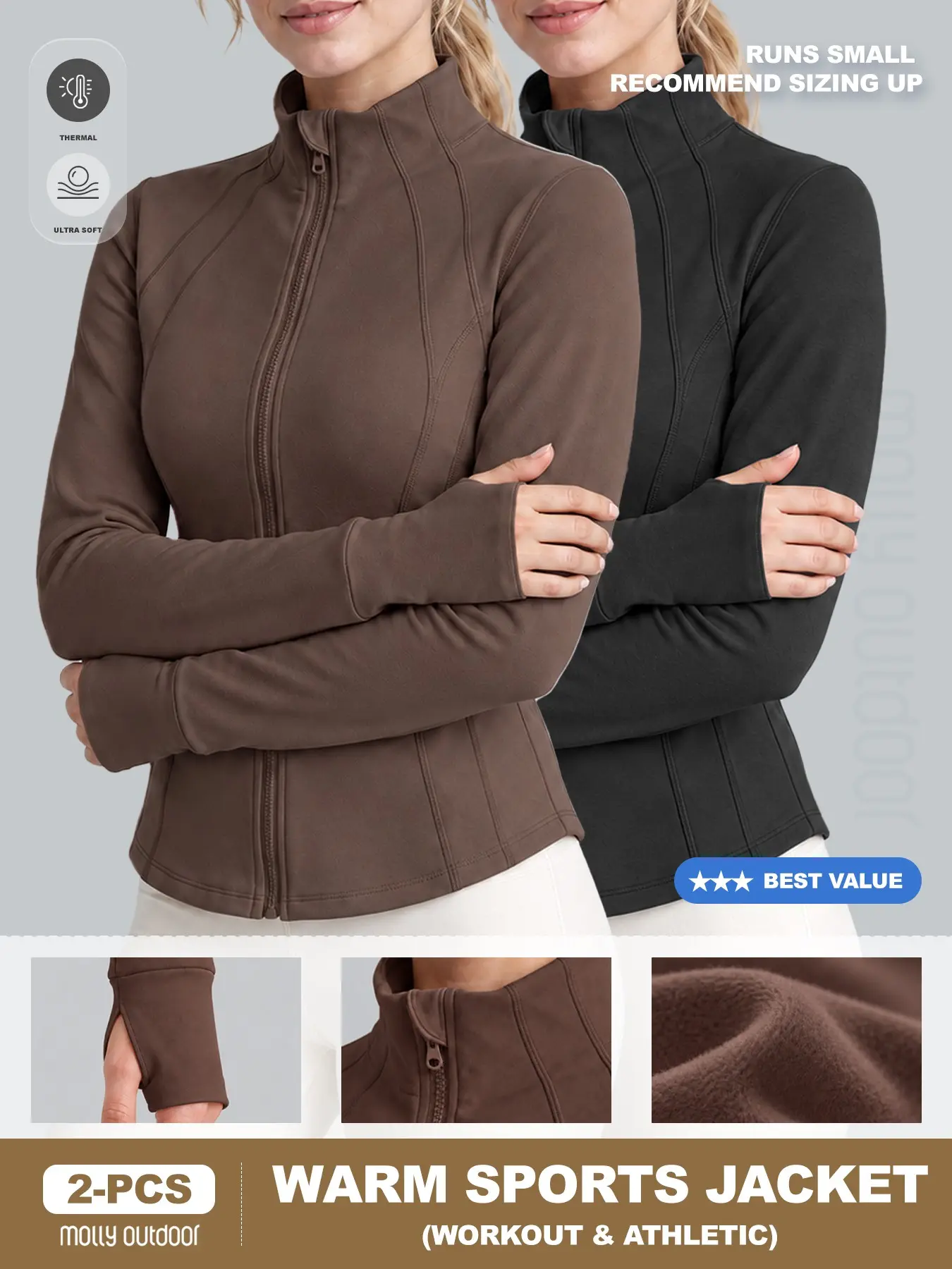 Women's Fleece Lined Athletic Jacket, Slim Fit Thermal Running Track Jacket, Full Zip Workout Warm Sports Tops with Thumbholes, Sports Outerwear Jacket, 2-Pack