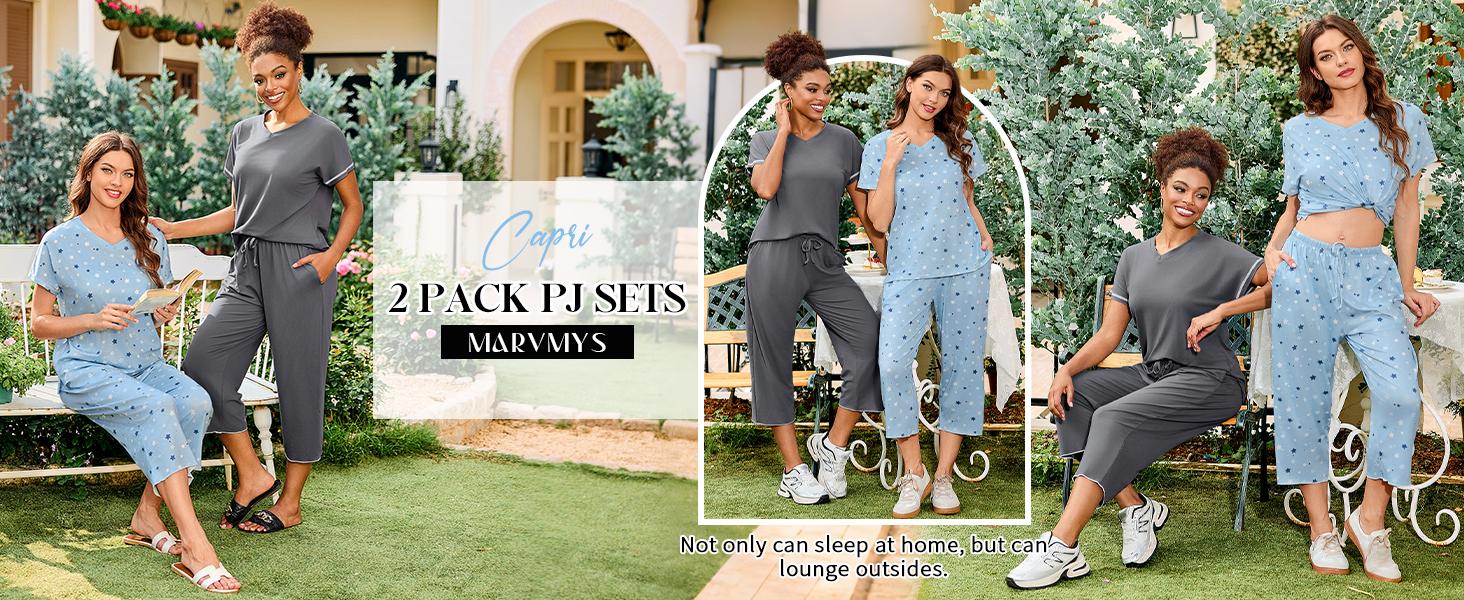 Marvmys Womens 2 Pack Pajama Sets Short Sleeve Pajamas Tops and Capri Pants Pjs Print Lounge Sets with Pockets S-3XL Loungewear Nightwear