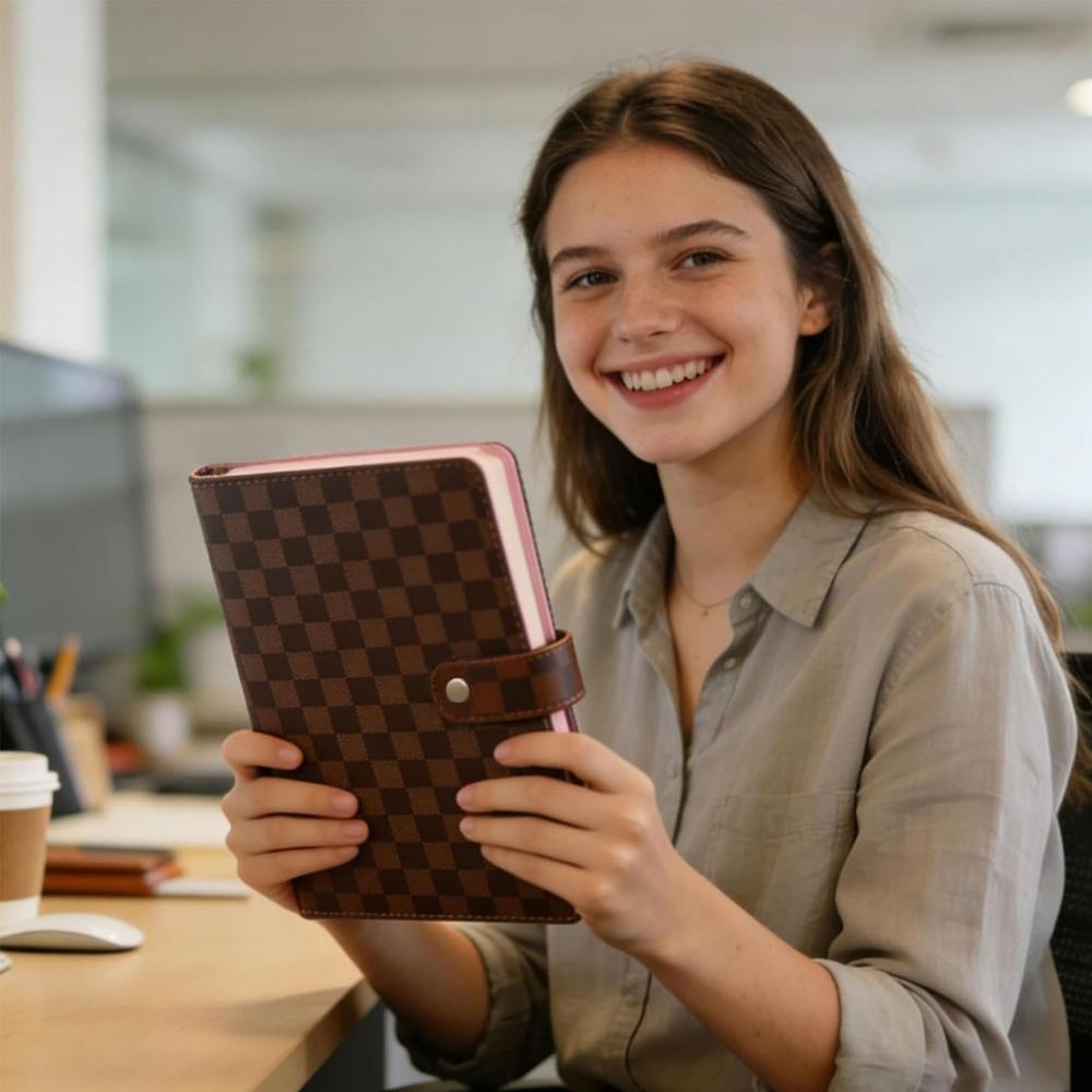 Premium PU Leather 3-Ring Binder Notebook, 208 Pages of Lined Refillable Paper, Checkered Pattern Hardcover Organizer for Professionals, Ideal for Meetings, Notes & Daily Planning