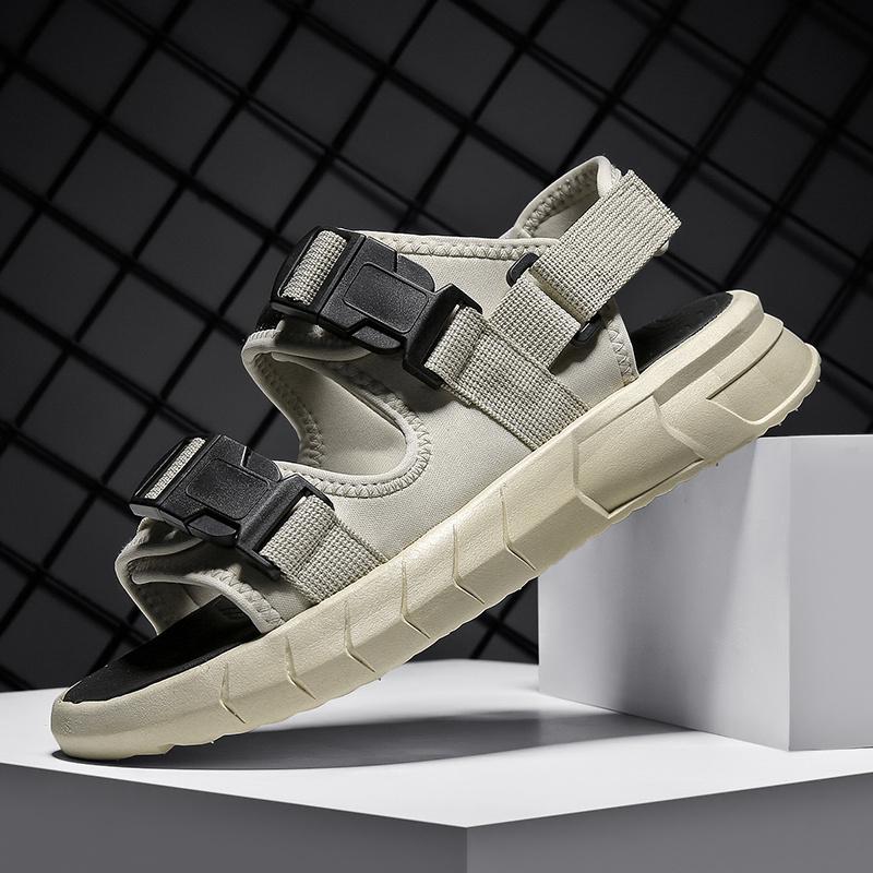 Men's sports sandals and slippers - beige fabric upper, black straps and buckles, TPR sole, Velcro closure, comfortable outdoor sports shoes for all-day wear