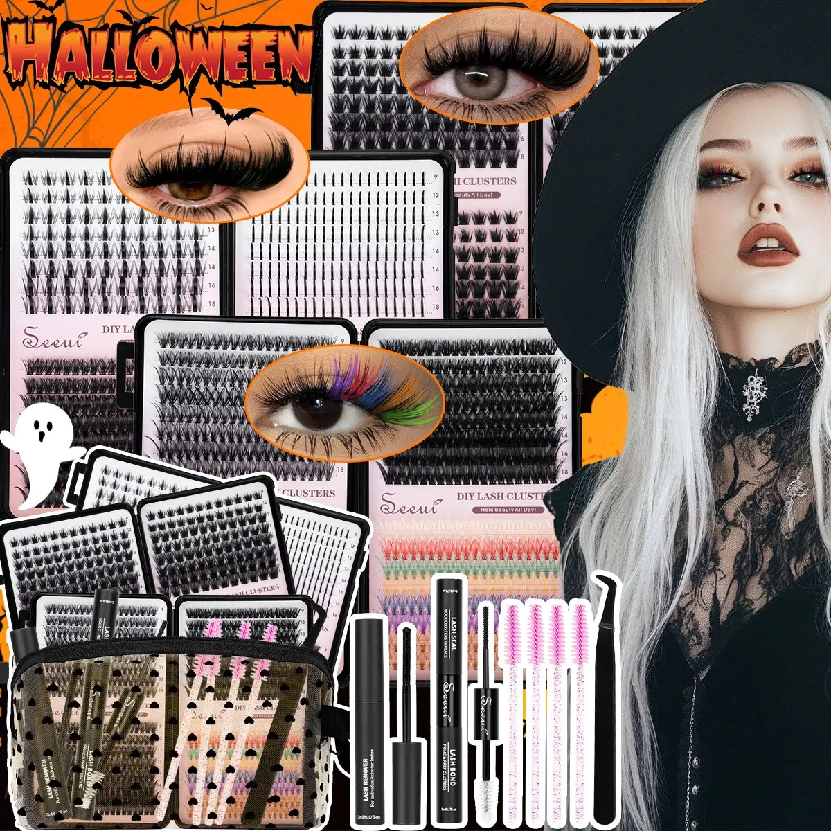 7 Styles Colorful DIY False Lashes Set, Sharp + Comic + 40D/60D/80D, Halloween Lashes, Natural + Dense, Waterproof, Includes Glue + Remover, Makeup