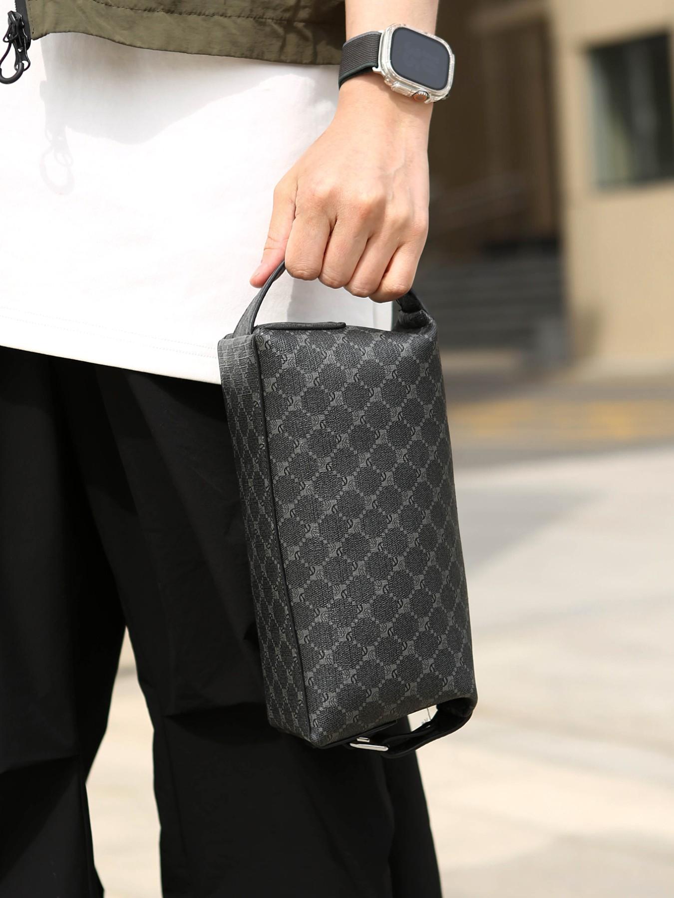 Men's Vintage Monogram Toiletry Bag, Large Capacity PU Leather Travel Dopp Kit, Portable Cosmetic Organizer with Handle for Daily Use