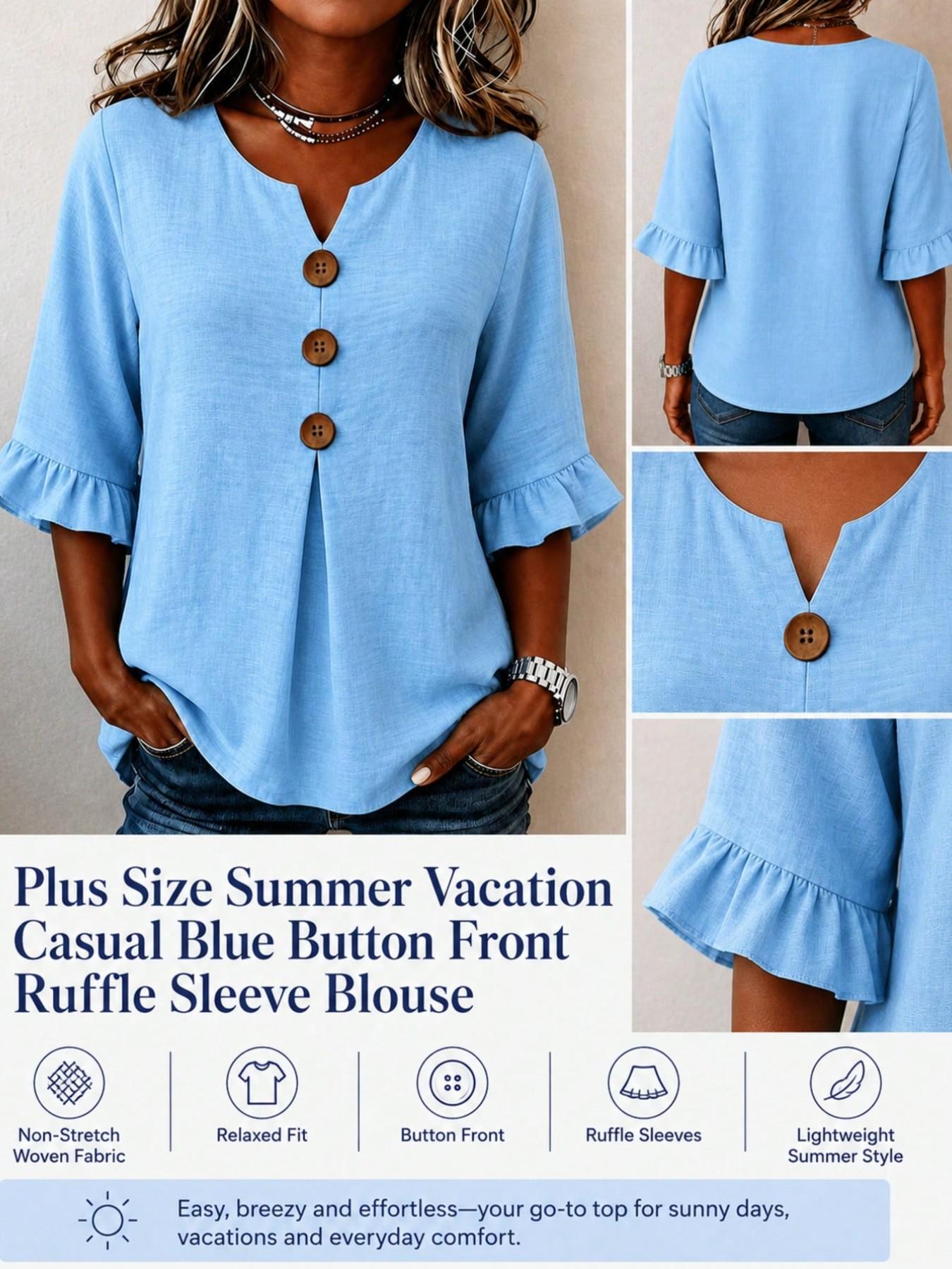 Women's Plus Size Solid V-Neck Shirt, Loose-Fitting Ruffle Sleeve Button-Up Top, Casual Vacation Wear, European and American Style