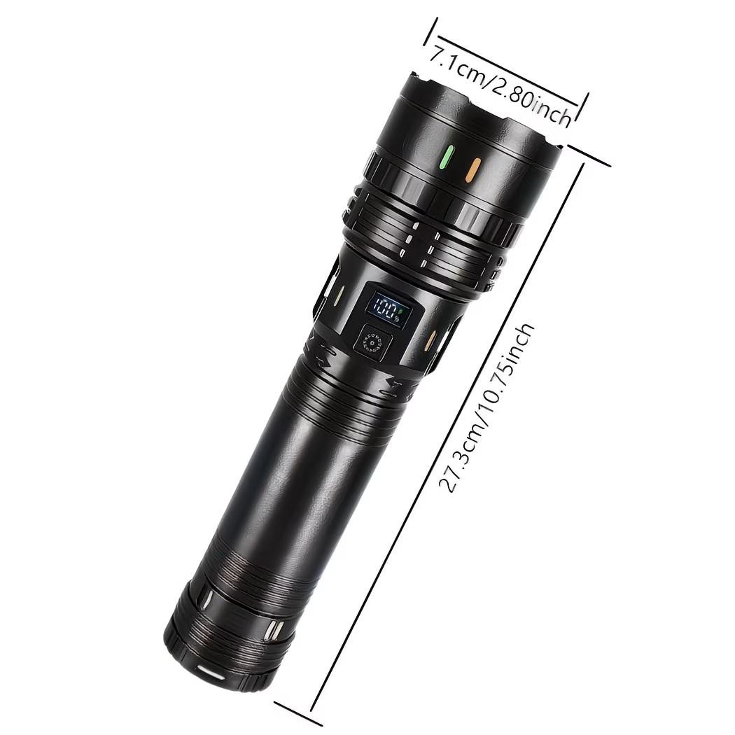 Super Bright LED Extendable Flashlight, Large Capacity Battery, USB-C Charging, Digital Display, Camping Survival Indoor Outdoor Use