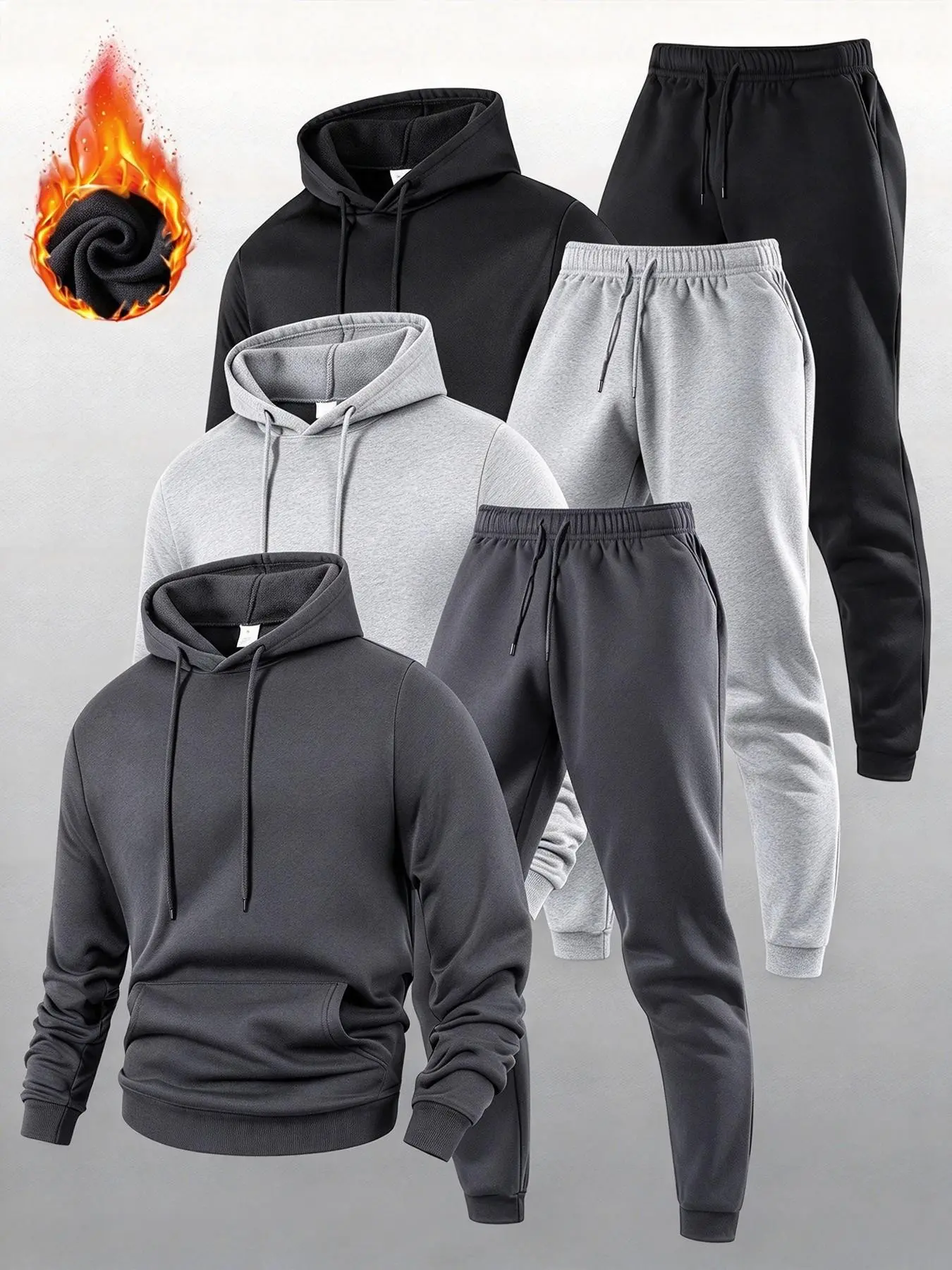 Men's 6-Piece Casual Fleece Sweatshirt Set, Winter Warm Hooded Sweatshirt & Pants, Geometric Print, Loose-Fit, Multi-Color Options