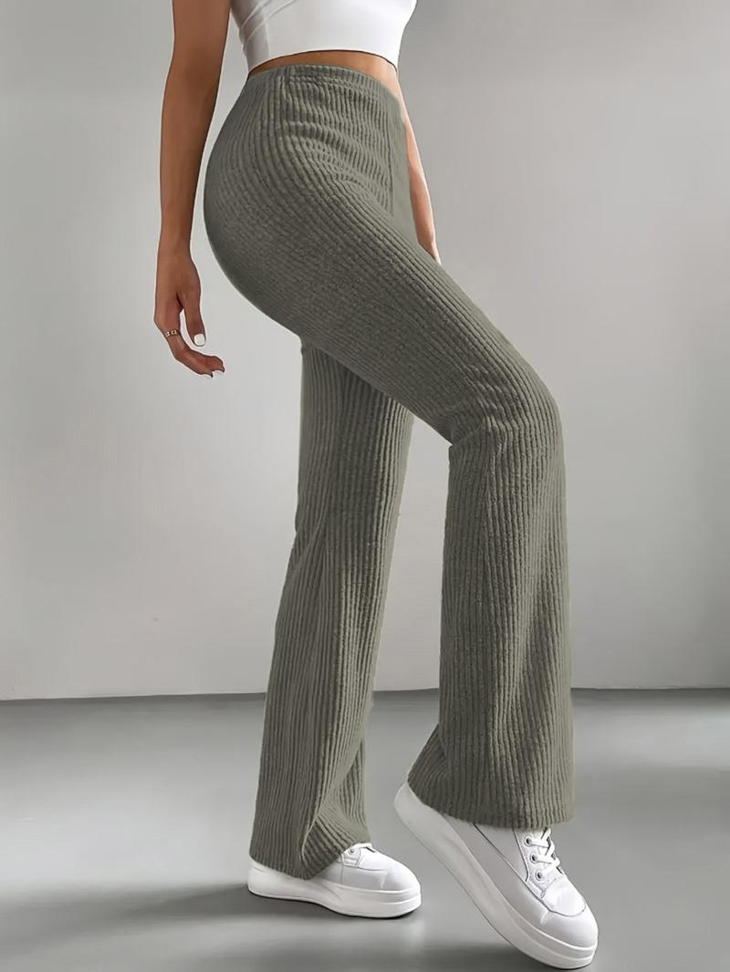 Women's Home Pants Set, 3-Piece Plain Ribbed Striped Straight-Leg Bell Bottoms, Comfortable Casual Long Pants for Spring Fall Winter