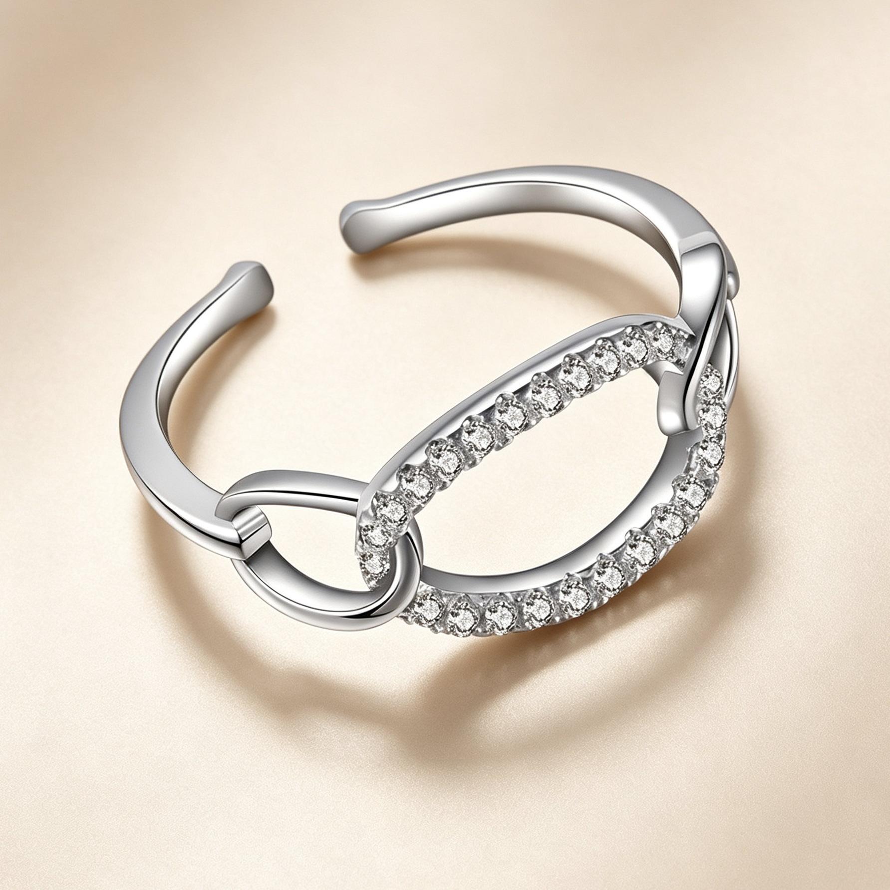 Women's Silver-Plated Copper Open Ring - Interlocking Chain Link, Adjustable, Pave Cubic Zirconia Band with Metal Coating for Daily Wear & Valentine’s Gifting (Indoor Recreation Accessory)