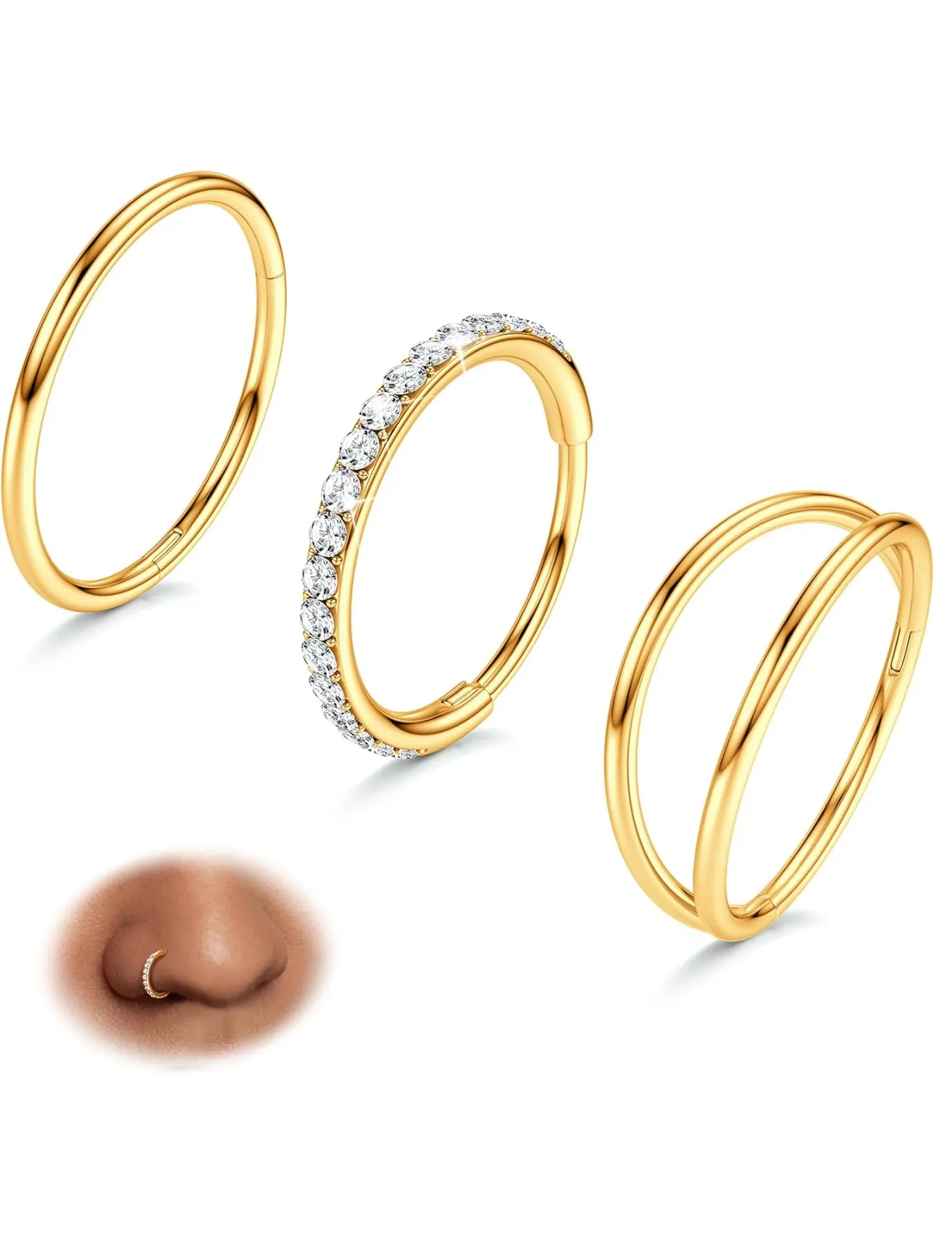 3pcs Nose Rings Hoops - Double Hoop Nose Ring 14/16/18/20G Hinged CZ Piercing Jewelry Septum Clicker Rings Cartilage Earring Helix Rook Tragus Daith 7mm/8mm/9mm/10mm