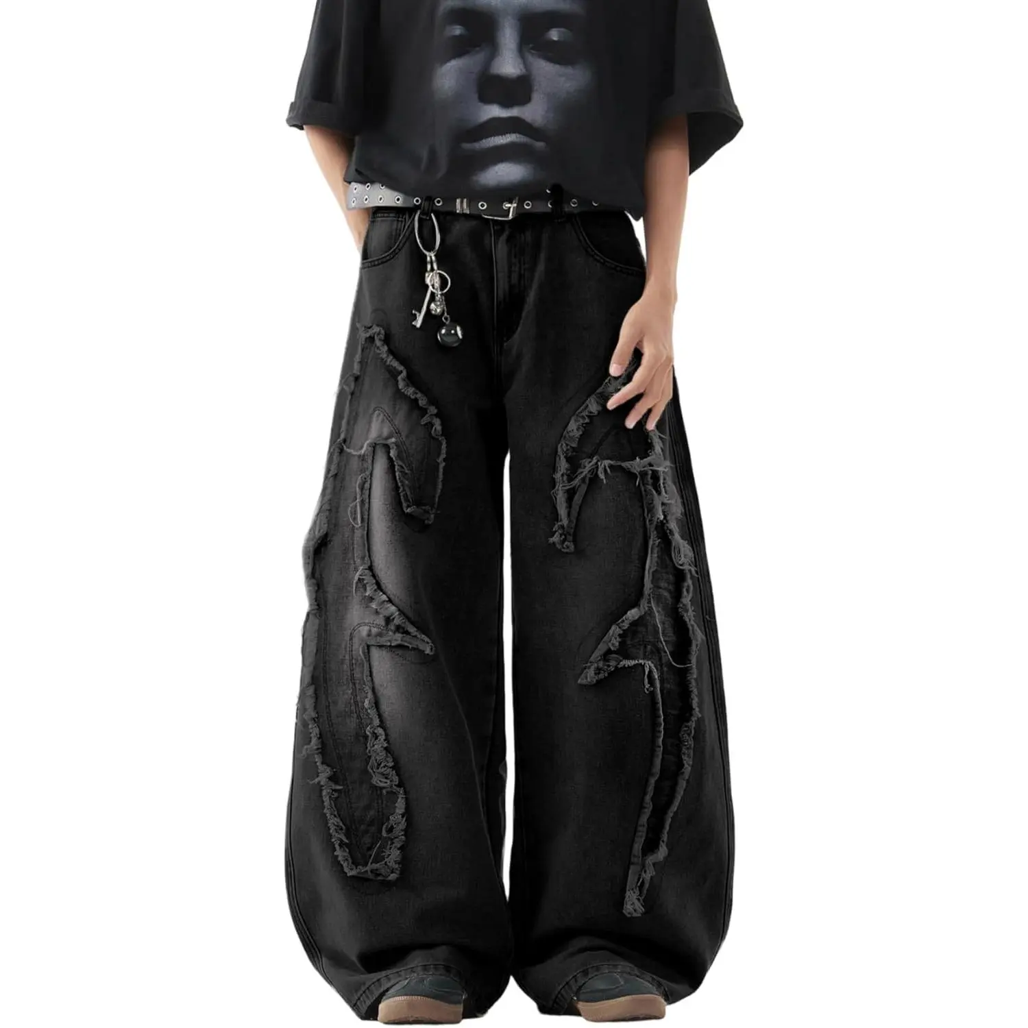 DFGIGT Mens Patchwork Baggy Jeans Embroidery Pants| Fringe Frayed Edges, Hip Hop, Y2k 2000s Jinco, Oversized, Denim, Skater Streetwear, Skateboard, Stylish, Casual, Menswear, Distressed