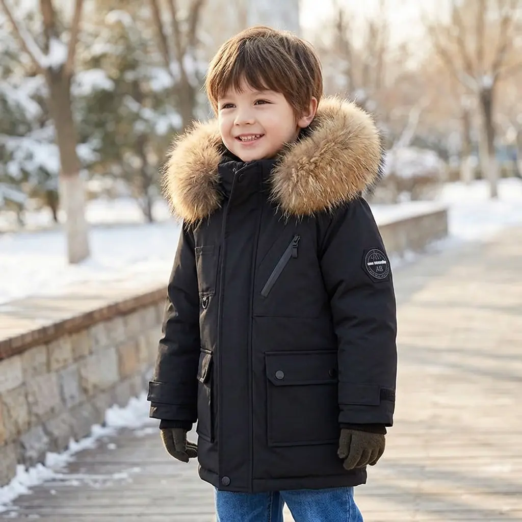Boys Winter Parka Coat, Mid-Length Thick Warm Faux Fur Hooded Snow Jacket, Big Kids Loose Insulated Cotton Padded Outerwear for Cold Weather