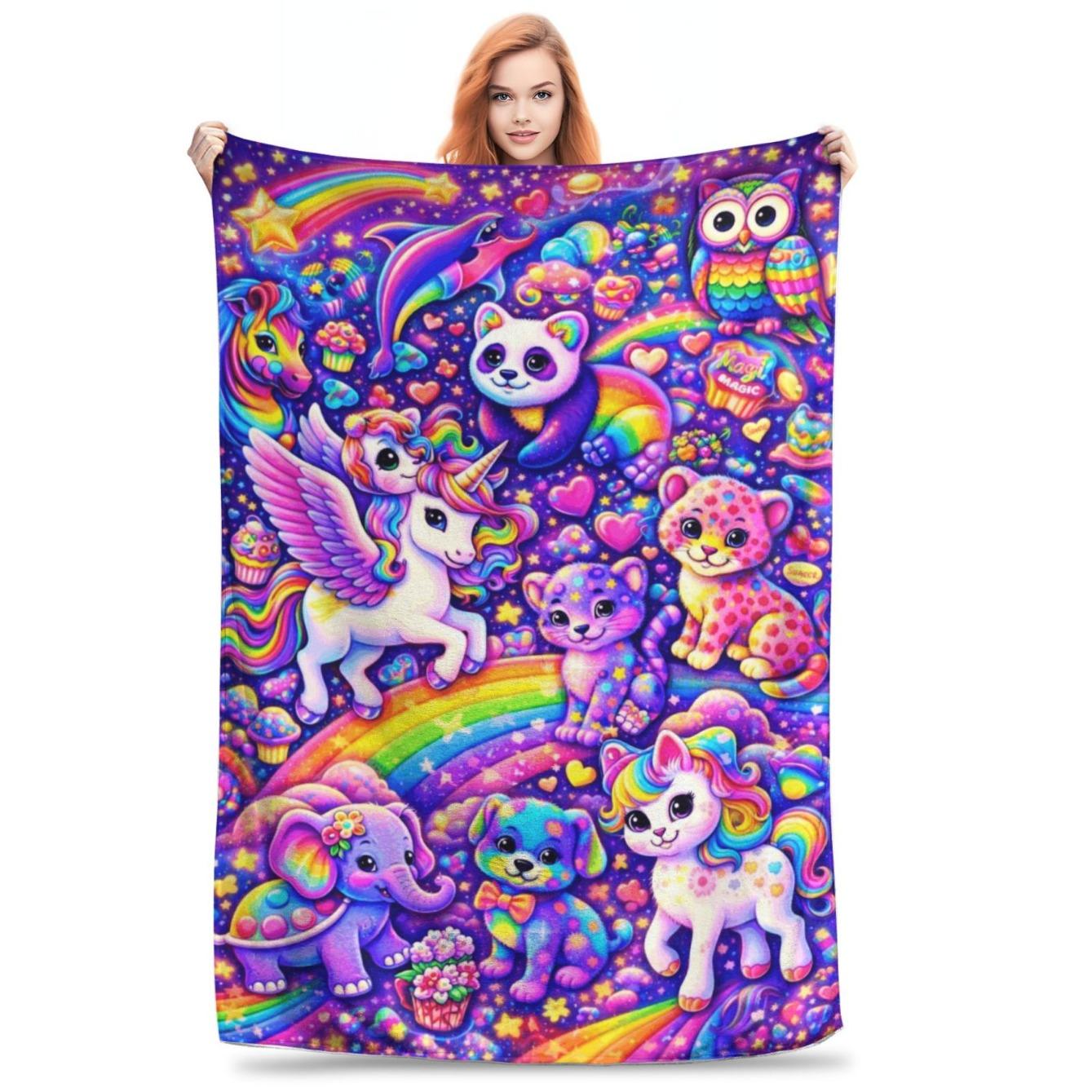 Polyester Full-Print Magic Animals Flannel Throw Blanket - Cute Rainbow Unicorn, Elephant, Puppy, Leopard Designs, Soft Lightweight Warm, Multi-Use for Sofa/Bed, Indoors/Outdoors, Gift for Kawaii Aesthetic Lovers