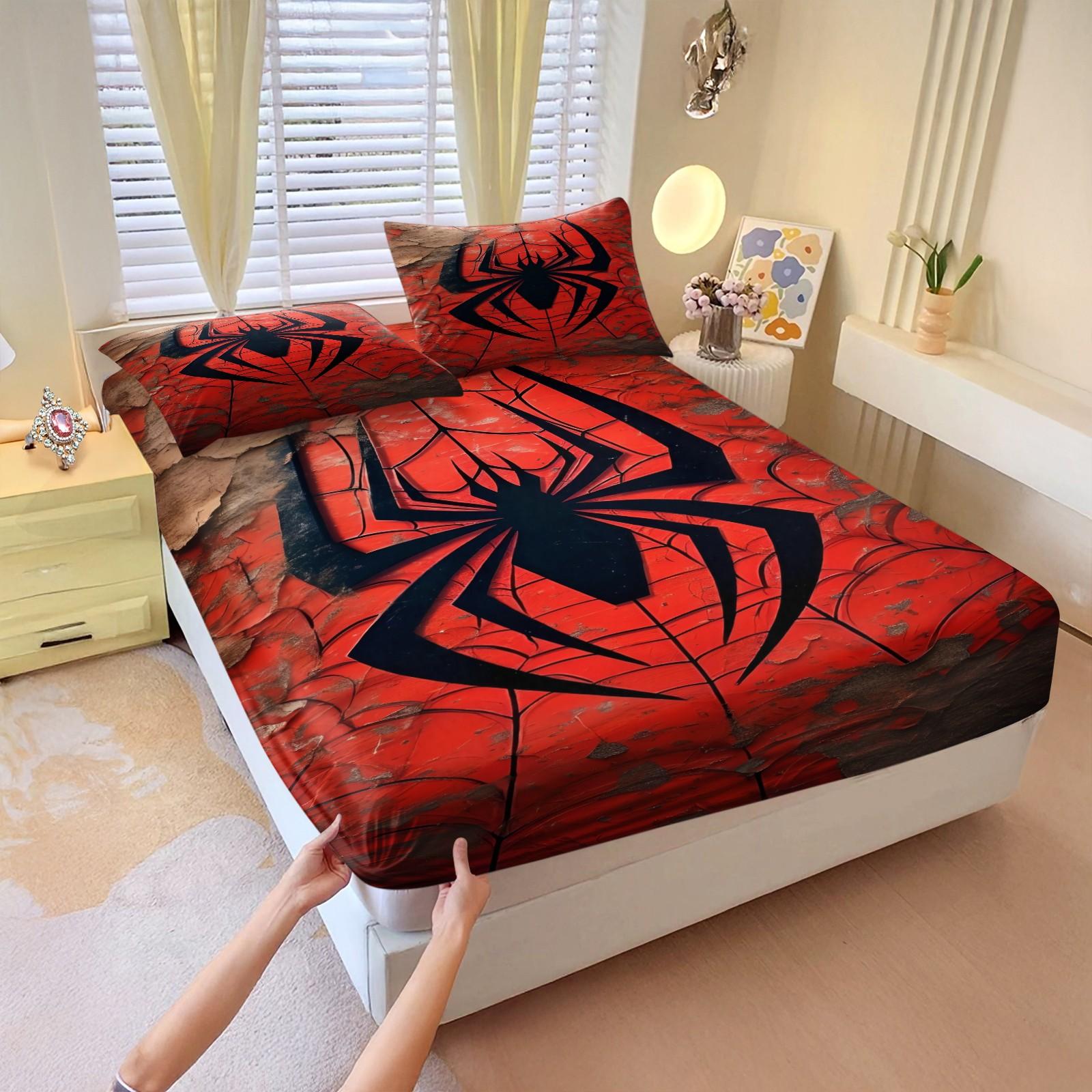 Spider Pattern Bedding Set (1 Fitted Sheet + 2 Pillowcases), Deep Pocket Fitted Sheet, Modern Home Essential Decorative Bedding