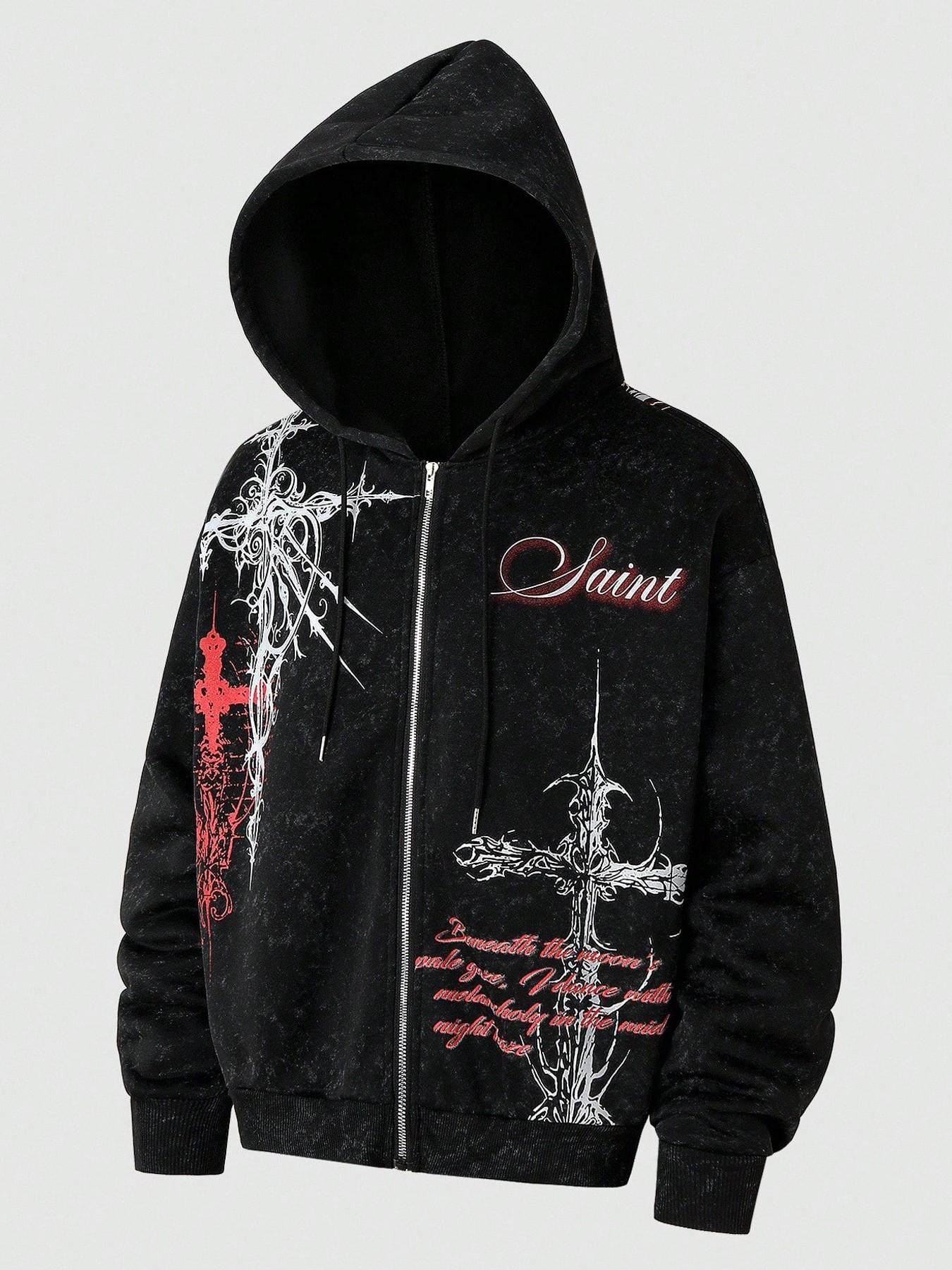 Men's Gothic Cross Print Zip Hoodie, Trendy Streetwear for All Seasons, Soft Comfortable Fabric, Perfect for Casual Gatherings