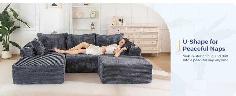 【2 Packages Shipping】MAXYOYO 104" Plush Corduroy Cloud Velvet Modular Boneless Couch with Chaise & Ottoman, No Assembly Required - U-Shaped Sectional Sofa Set with Flexible Configuration,  Oversized Sofa Sleeper with Deep Seat