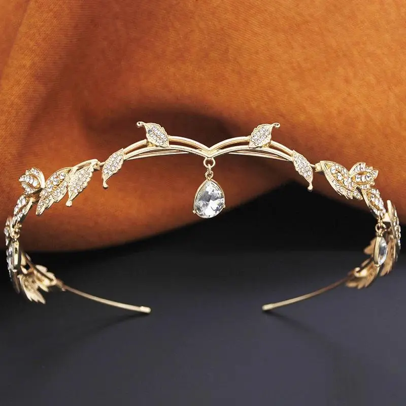 Luxury Female Headband - Tiara Shape Hair Accessory with Crystal Leaf Motifs for Women's Costume Wear
