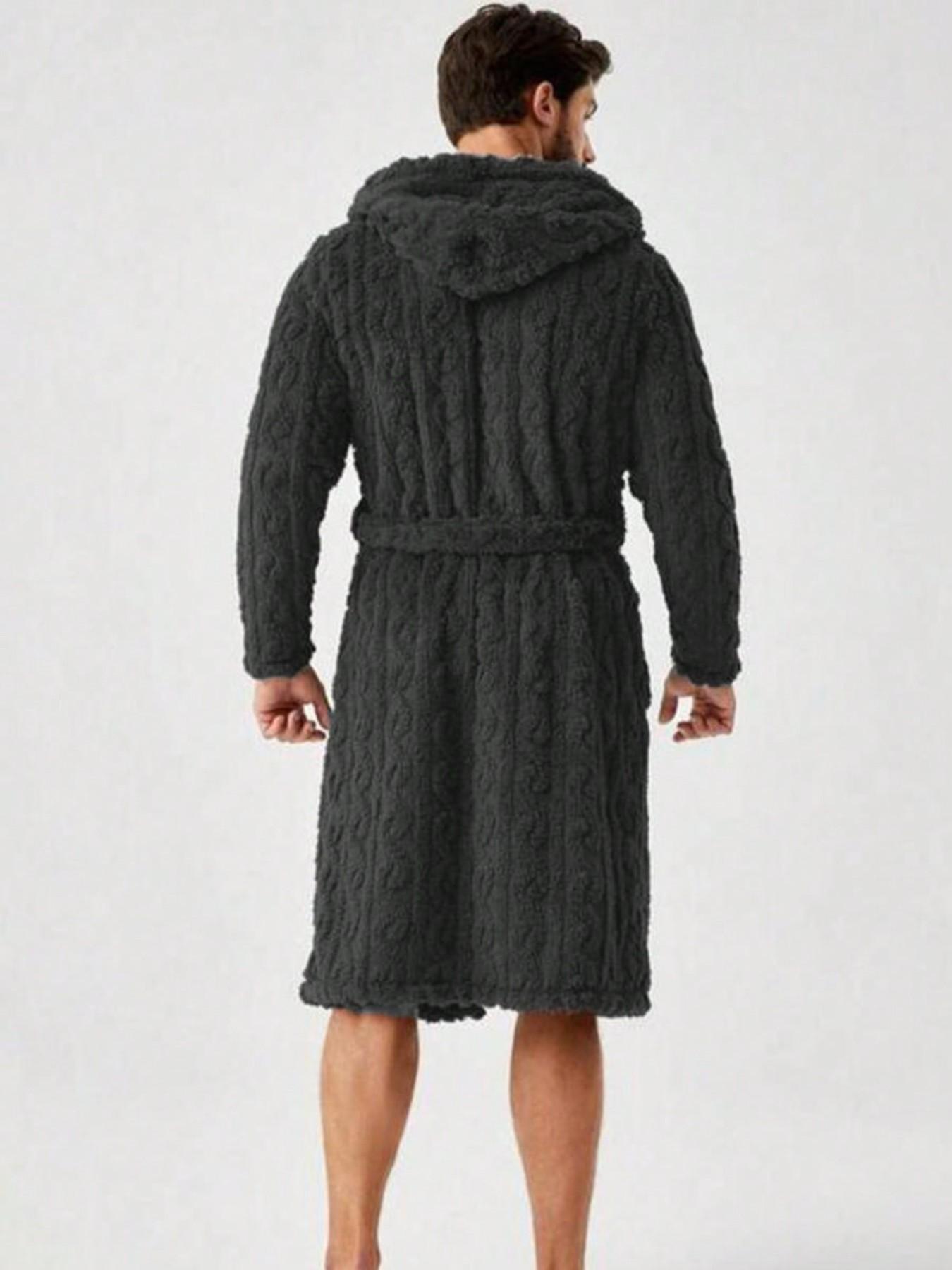 Men's Textured Pocket Belted Hooded Bathrobe, Loungewear, Casual Style, Comfortable and Stylish, Perfect for Relaxing at Home