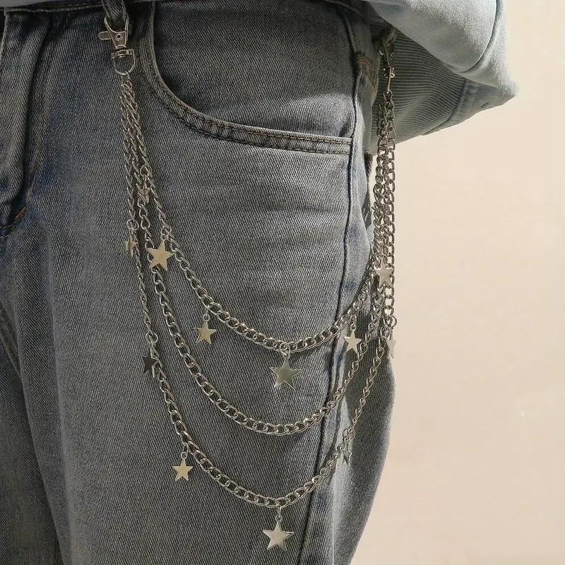 Unisex Layered Silver Decorative Waist Chain - Punk No-Buckle Metal Pant Belt with Star, Pentagram Charms for Adults