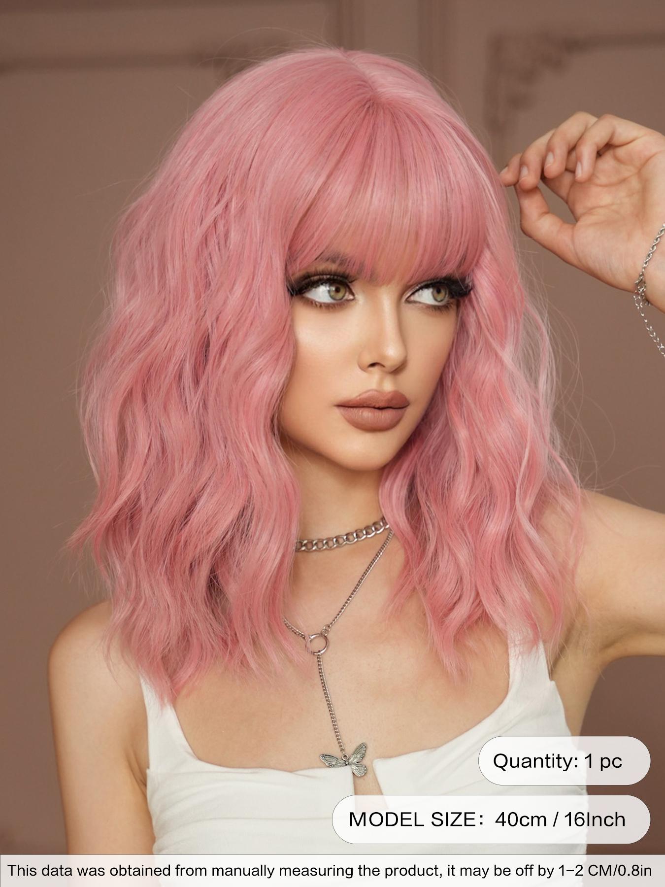 Two Tone Wig Silver Ash Pink Curly Wigs For Women 16 Inch Shoulder Length Wavy Wig With Bangs Synthetic Heat Resistant Fiber Beautiful Fluffy Wigs For Girls Daily Party Cosplay Use Beginner Birthday Gifts Synthetic Wavy Hairstyle ( Black Highlight Hair )