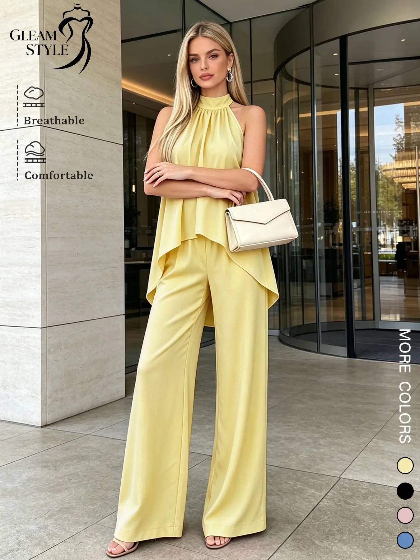 Women's Sleeveless Summer Cami Set, Casual Fitted Top & Wide Leg Pants, Plain Color, Fashionable Two-Piece, Perfect for Vacation