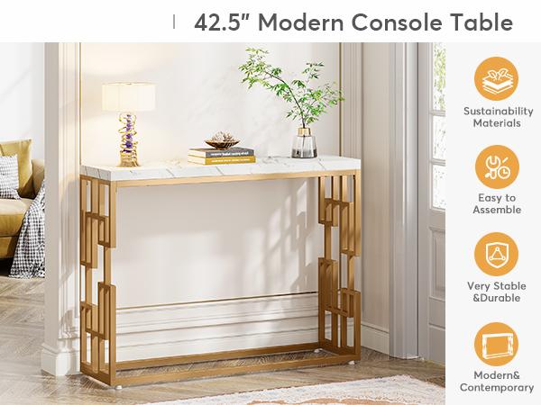 LITTLE TREE Gold Console Table, Modern 42.5" Sofa Tables Entryway Hallway Foyer Table, White Faux Marble Tabletop Sofa Table Behind Couch with Gold Metal Legs for Living Room, Easy Assembly