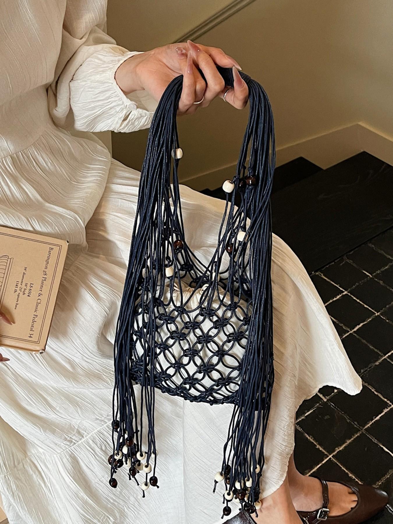1pc Boho Macrame Fringe Shoulder Bag for Women, Handwoven Beaded Net Tote with Drawstring Lining, Summer Beach Woven Hobo Handbag