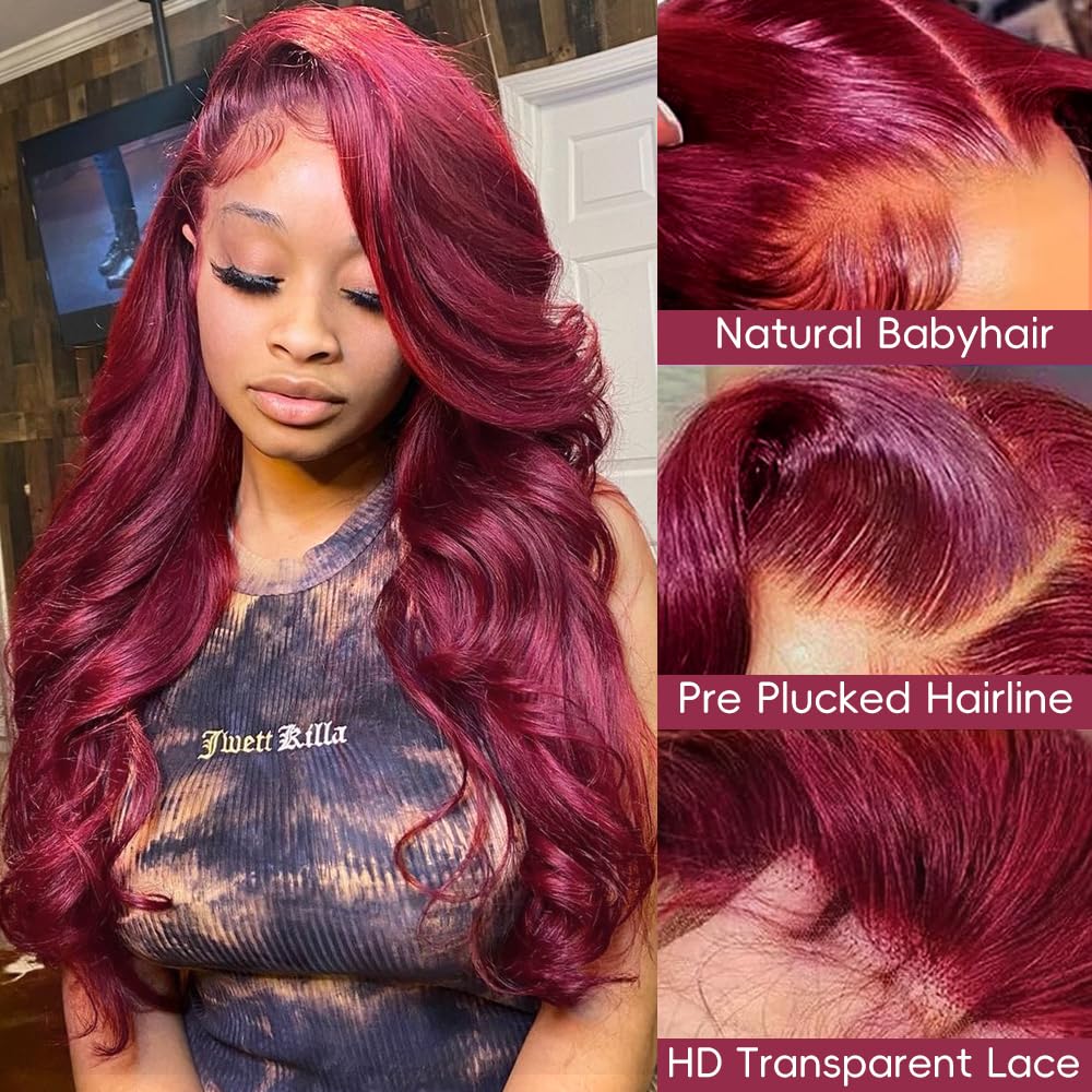 QUANDIAN 99J Burgundy Colored 13x4 HD Lace Front Wigs Human Hair Body Wave Red Wig 180 Density Wine Red Lace Front Human Hair Wigs for Women Springtok
