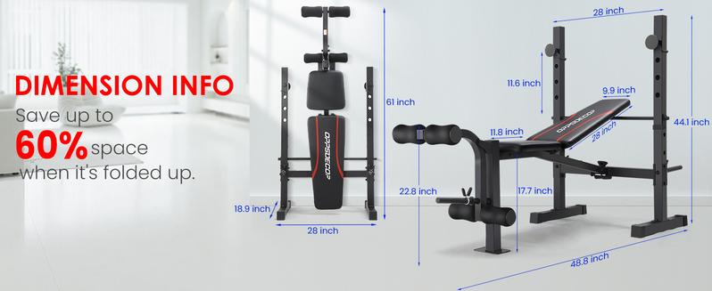 【TikTokShopBlackFriday】OPPSDECOR 600-900bls Adjustable Bench Press Weight Training Bench Set with Squat Rack and Leg Extension, Total Body Workout Folding Exercise Bench for Home Gym