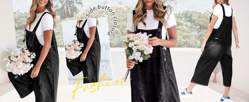 Chouyatou Women Loose Adjustable Strap Denim Bib Overall Jeans Distressed Wide Leg Baggy Overalls Jumpsuit