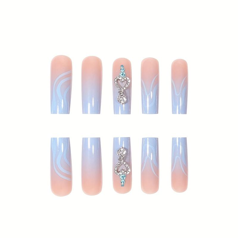 24 Piece Water Pipe Nail Art Set, Blue Gradient Rhinestone Pendant Design, Reusable Fake Nails for Women & Girls Daily Wear
