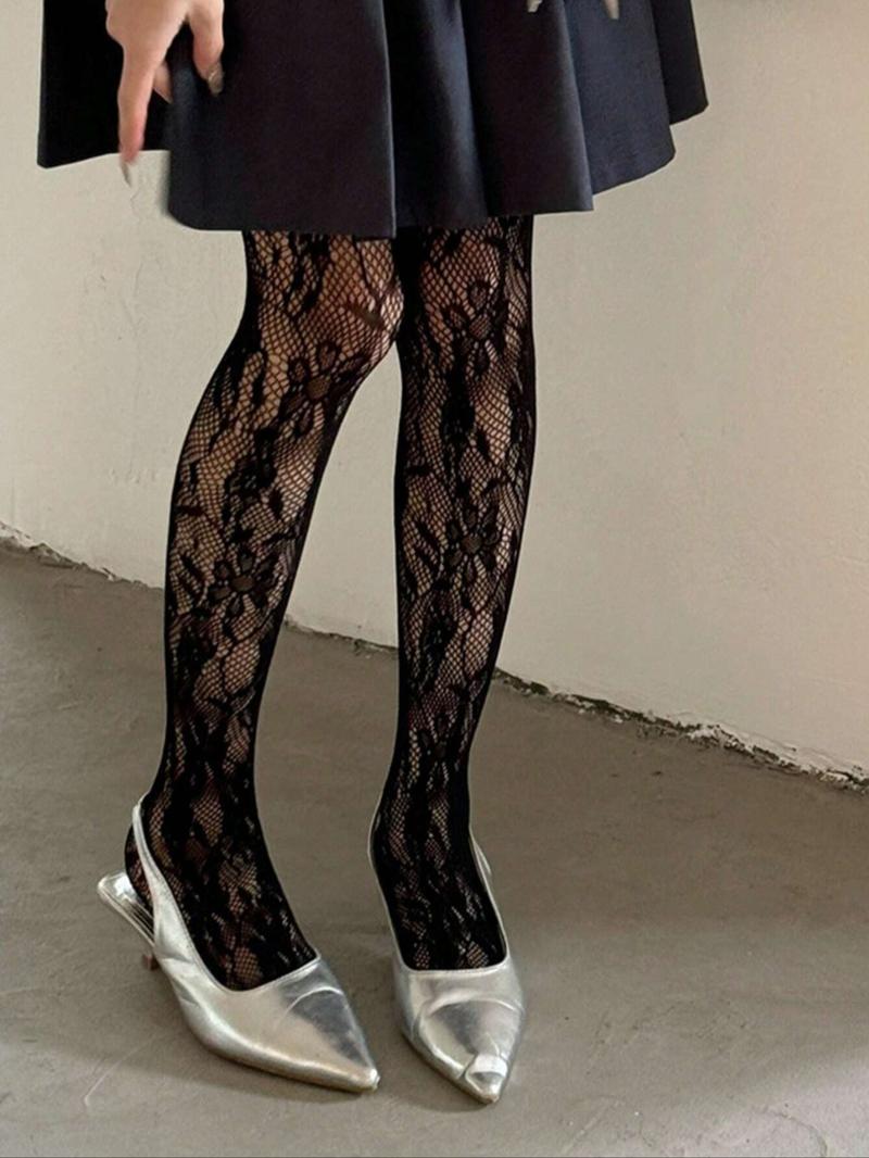 Thin Solid Color Sheer Hollow Out Pantyhose, Sexy Lace Net Stockings, Black & Wine Red For Women Thin Solid Color Sheer Hollow Out Pantyhose, Sexy Lace Net Stockings, Black & Wine Red For Women