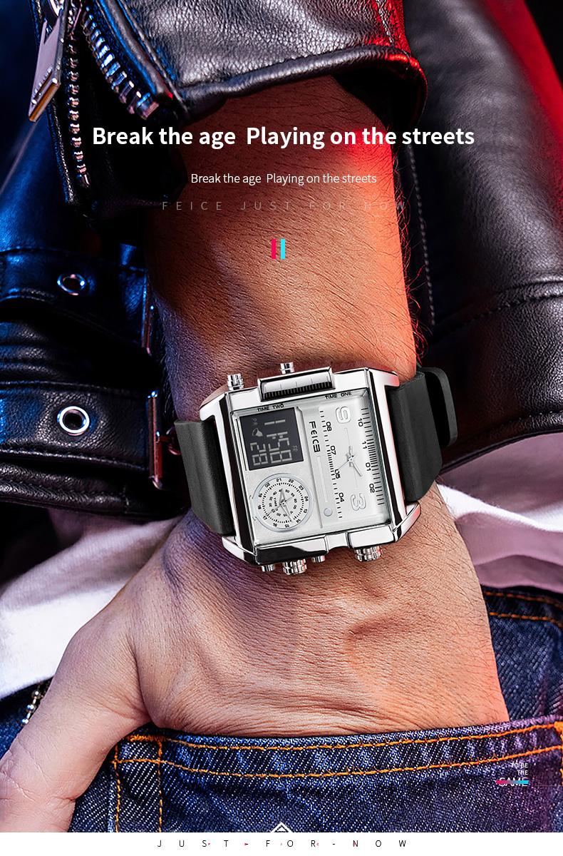 FEICE Large Dial Square Men's Watch Multifunction Chronograph Luminous Waterproof High-Quality Versatile Fashion Silver Luxury Timepiece Time Style