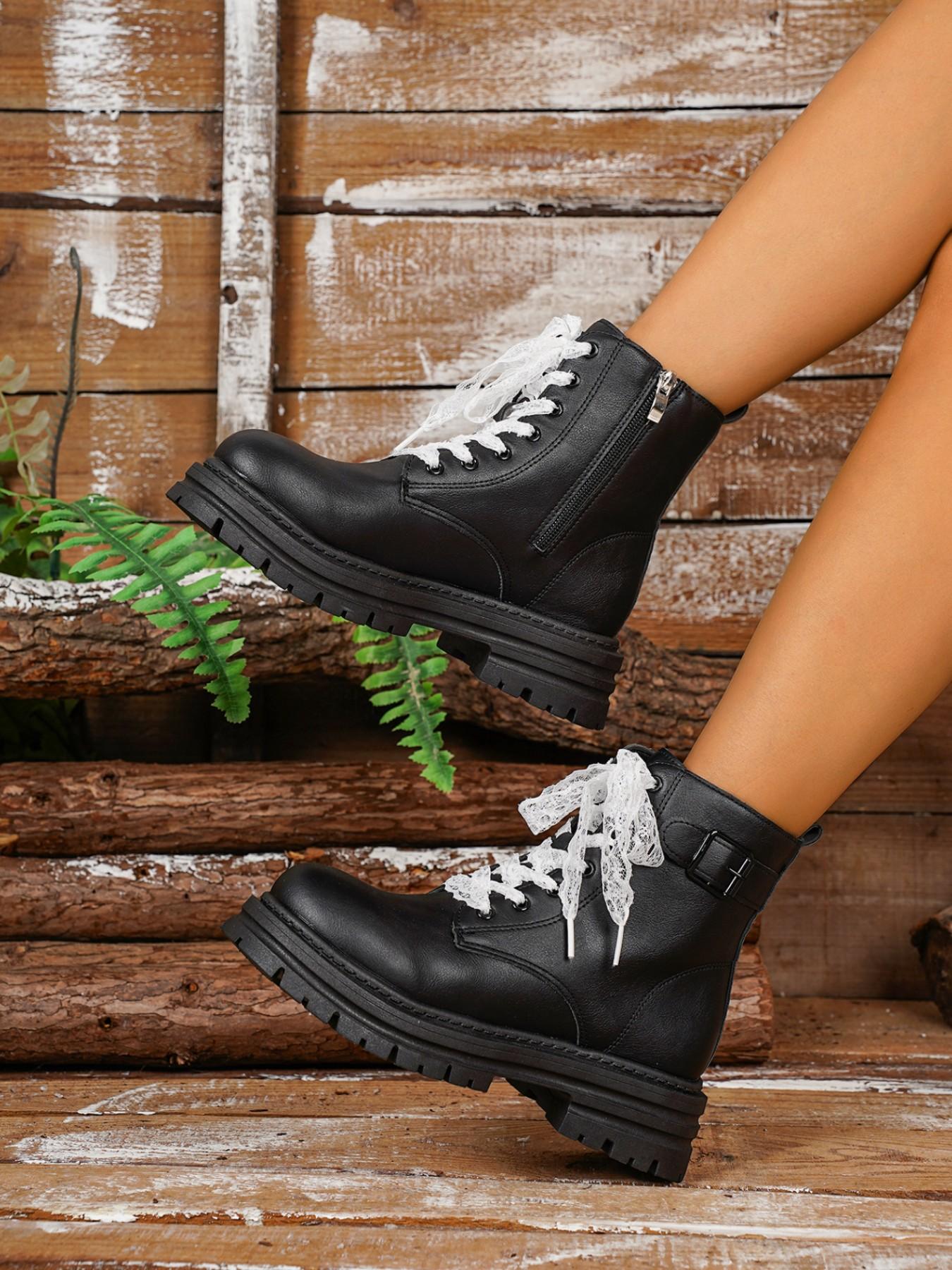 British Style Lace-Up Boots for Women, Vintage Buckle Motorcycle Boots, Slimming and Height-Increasing Short Boots, Versatile Fashion Footwear