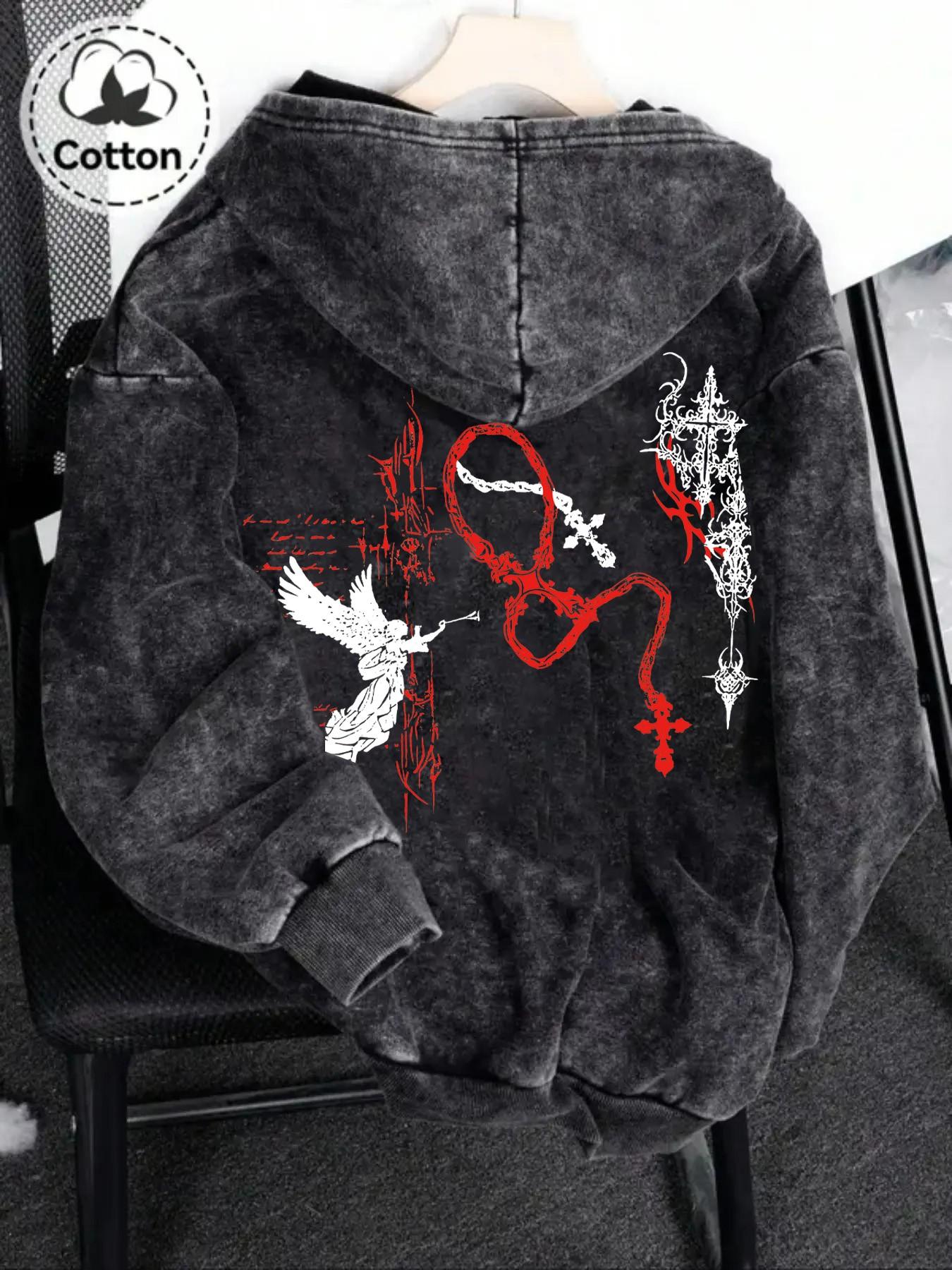 Y2K Rock Wash Full Zip Hoodie, Gothic Cross and Tribal Thorn