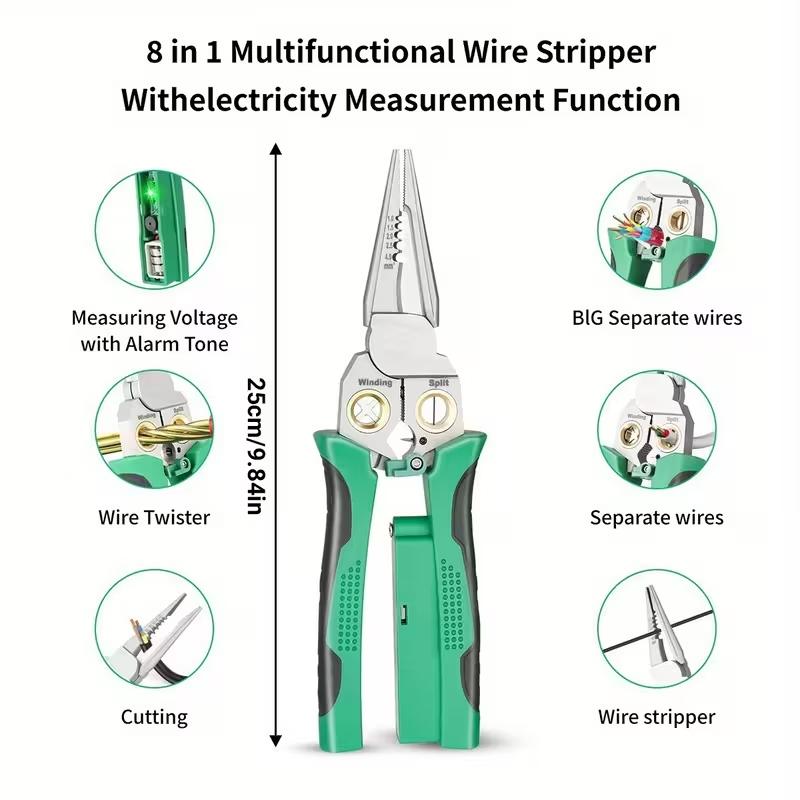 8-In-1 Multi-Functional Needle Nose Wire Stripper Tool, Electrician Professional Cable Cutter Steel Wire Pliers, Versatile Hand Tool