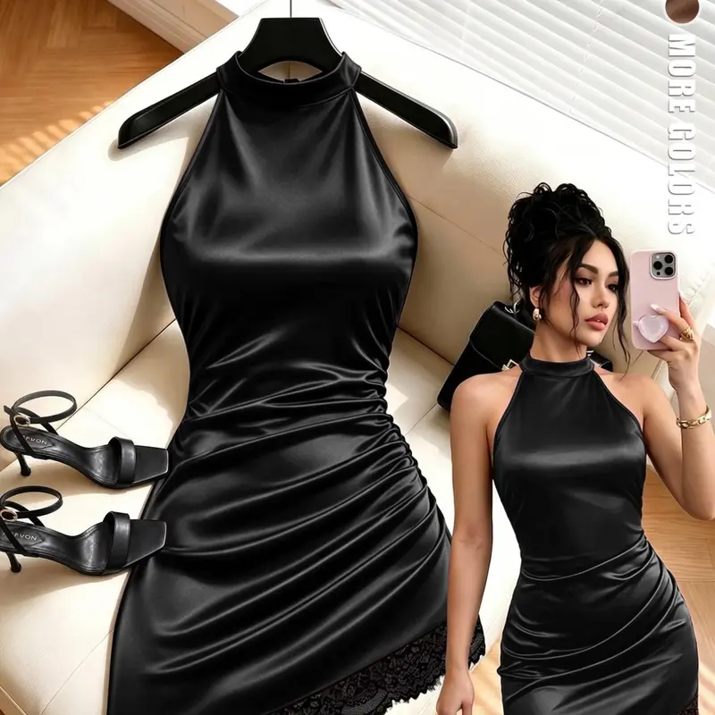 Sexy Halter Neck Dress, Satin Smooth Bodycon Pencil Skirt, Lace Trimmed Hem, Ruched Waist, Perfect for Dates and Special Occasions