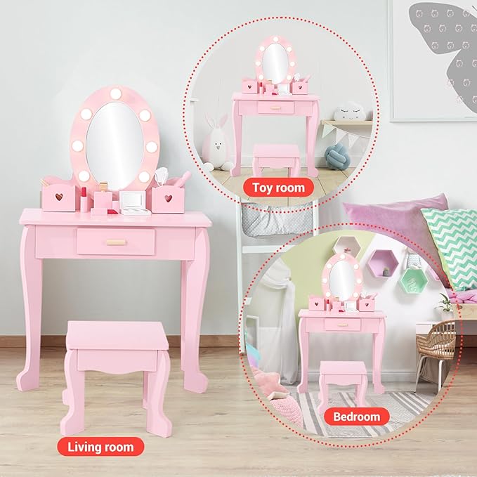 Kids' Vanity Set with Mirror and Light, Makeup Table and Stool for Girls, Vanity Table and Chair Set with Wood Makeup Playset for 4-9 Girls