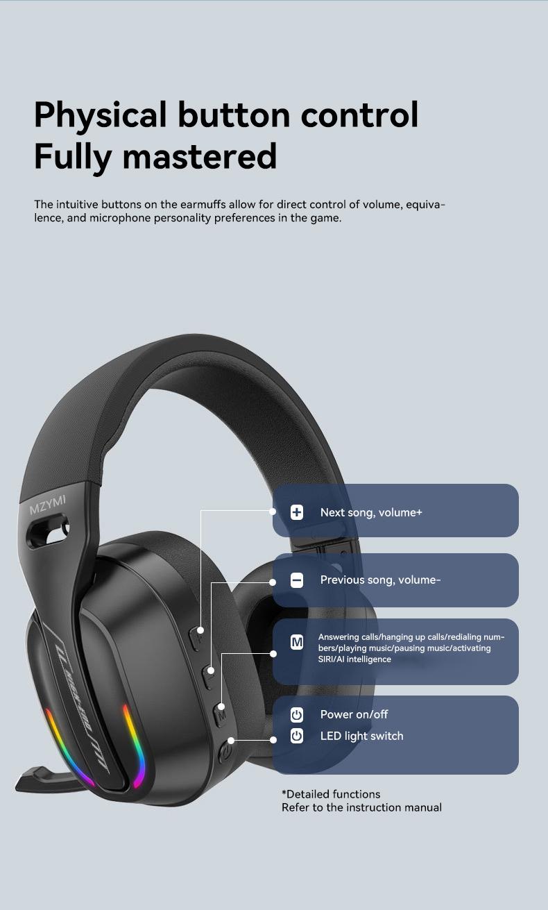 MZYMI B500GHz Wireless Gaming Headset with Dual Connection Modes Bluetooth 5.4 & Wired Noise Cancellation for Esports and Music