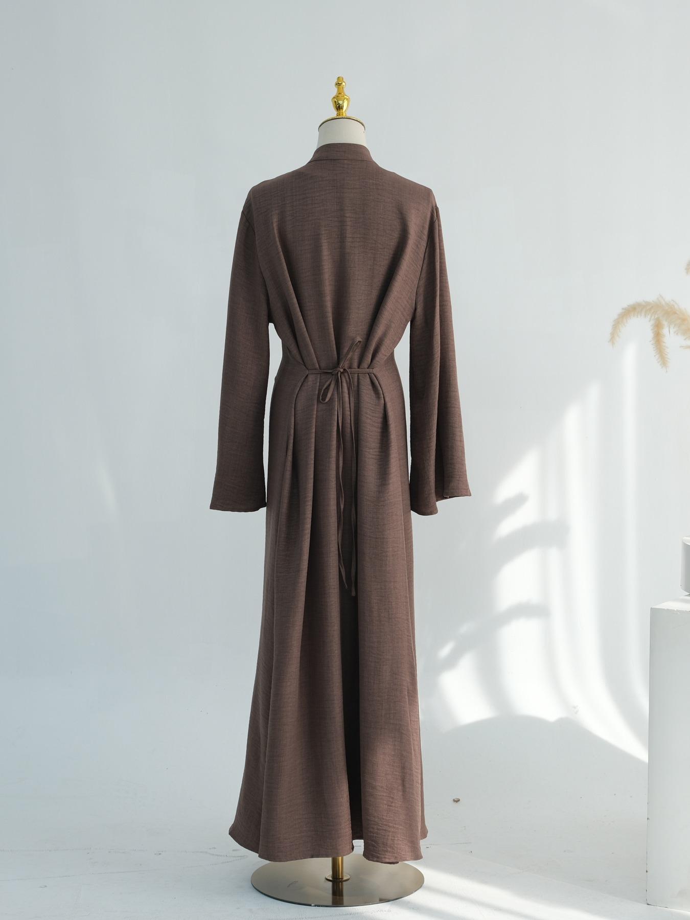 Women's Ramadan Muslim Abaya Solid Color Elegant Cardigan + Long Sleeve Dress Set, Casual Slim-Fitting Two-Piece, Modest Muslim Outfits, No Hijab Included