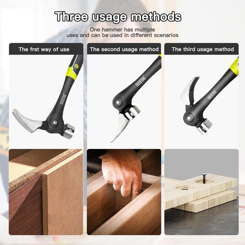 SEESE 16oz Claw Hammer with Magnetic Nail Starter,Indexing Rip Claw,Forged Steel Head,Shock-Absorbing TPR Grip,Heavy Duty Framing & DIY Tool