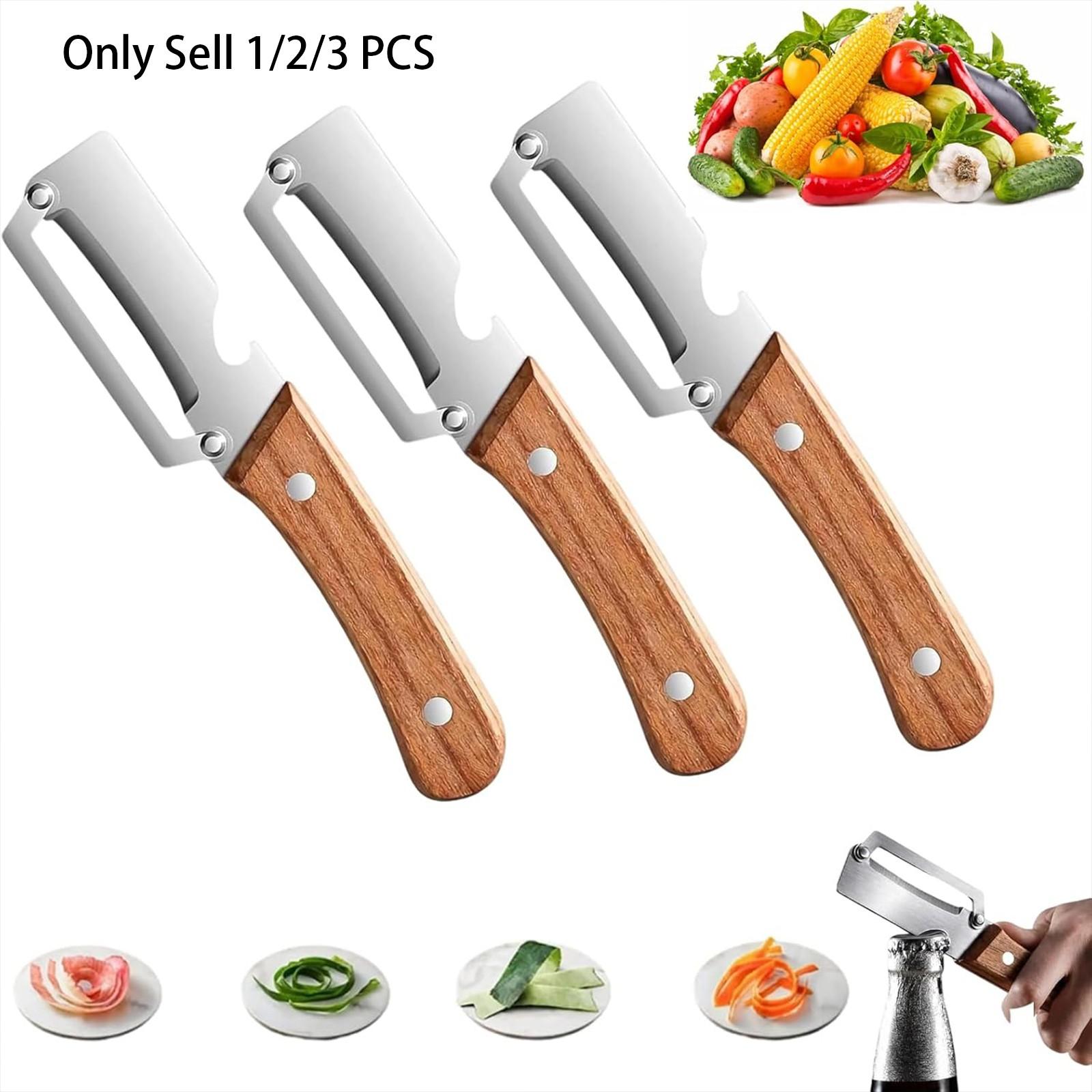 1/2/3 PCS Vegetable Peeler with Wooden Handle and Bottle Opener, Peeling, Zero Snag Wooden Peeler, Zero Snag Wooden Kitchen Tool, Multi-Functional Vegetable Peeler for Kitchen, Non-Slip Fruit Peeler with Wooden Handle for Apple, Potato