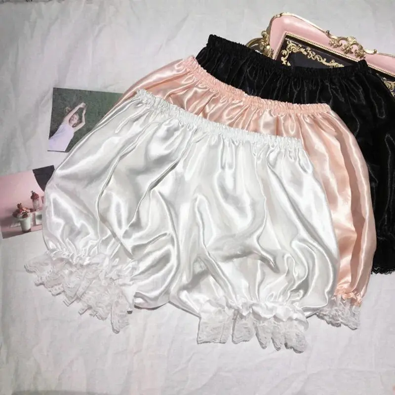 Satin Glossy Cute Lolita Safety Short Pants Women Sweet Ice Silk JK Bloomers Ruffles Lace Trim Panties Pumpkin Shorts Pettipants
